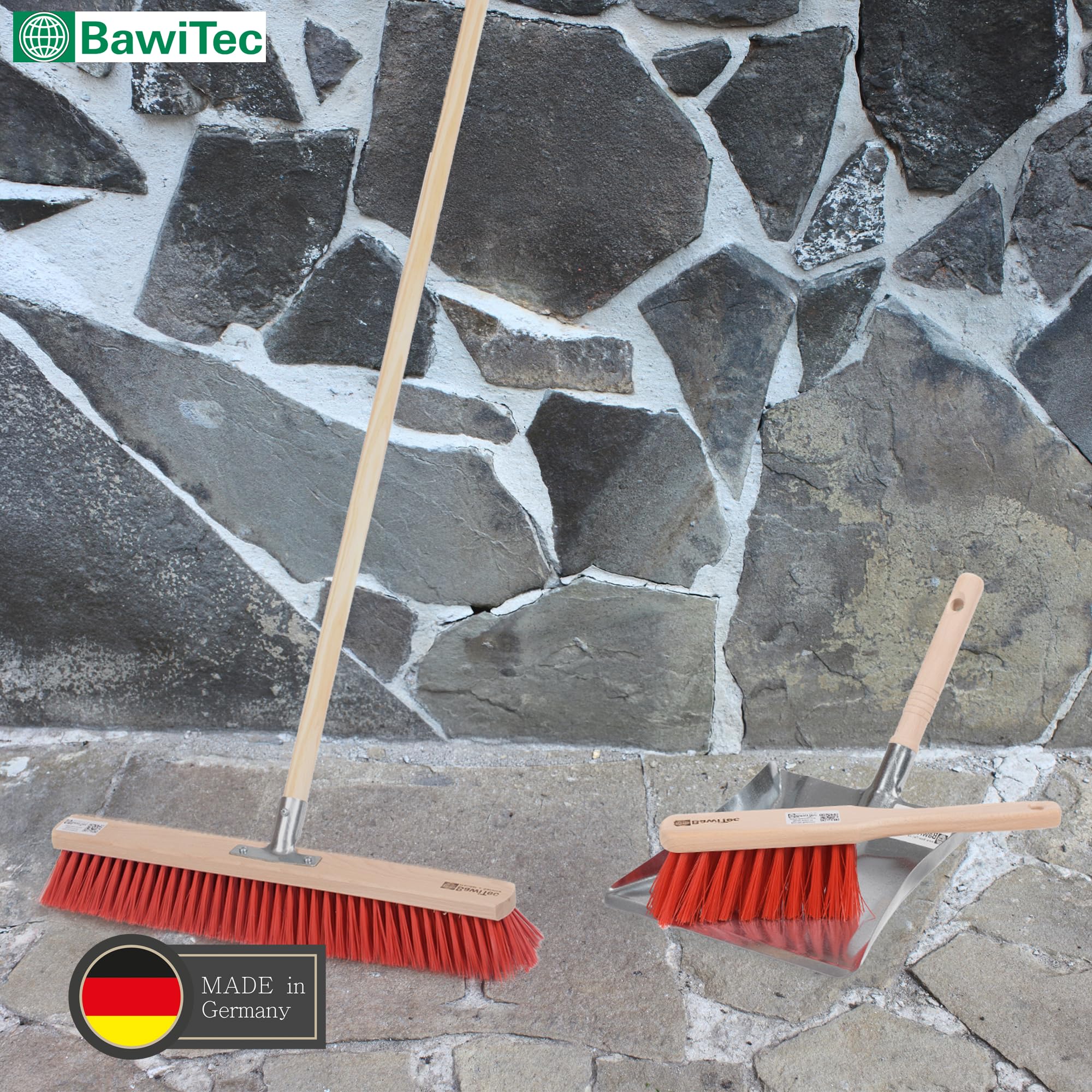 Profi Kehrset Straßenbesen Set Besen + Handfeger + Kehrschaufel für draußen | Rote Kunststoff-Borsten, Komplett-Set, Besen 50cm Breit, Inkl. Besenstiel 140cm Lang