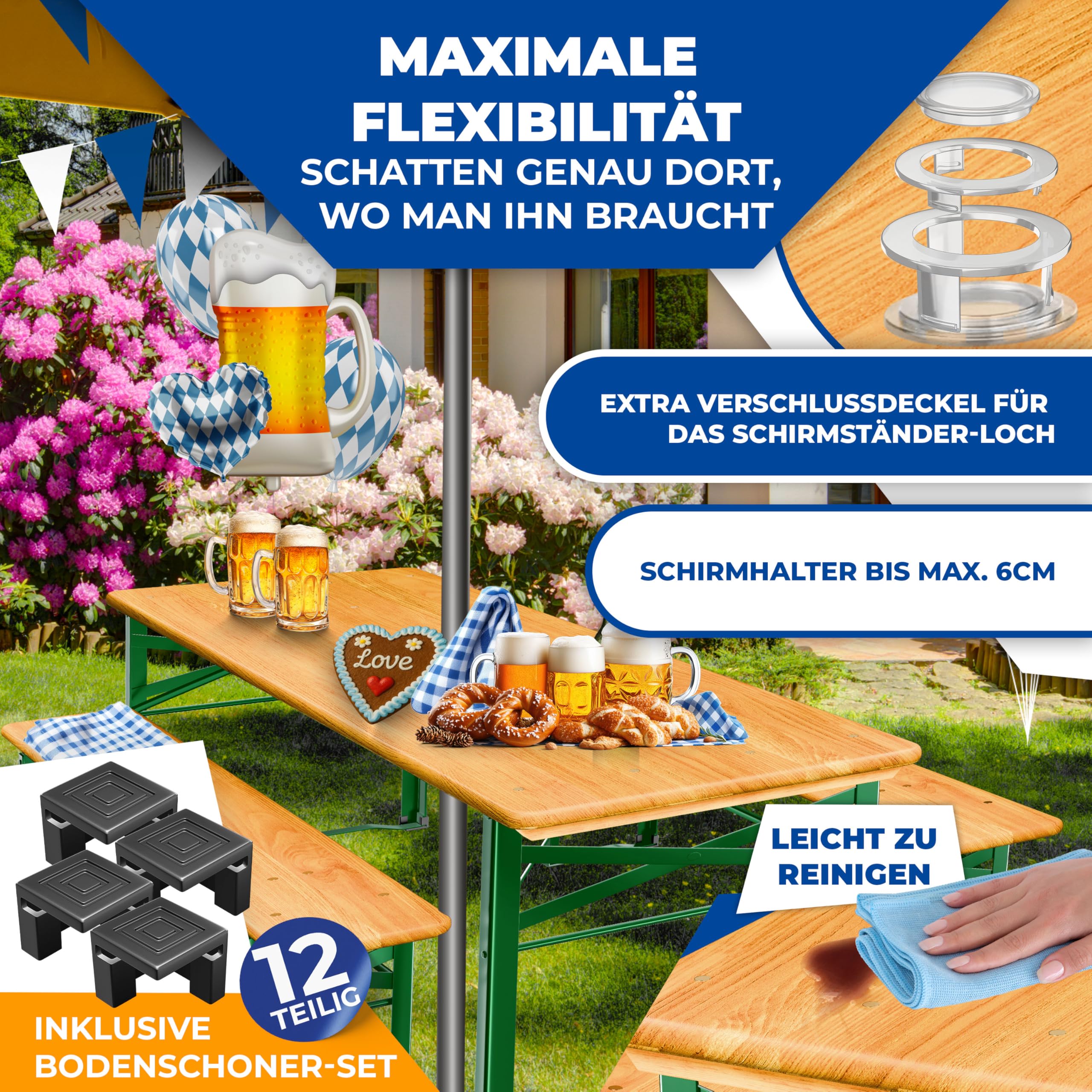KESSER® Bierzeltgarnitur 3-TLG., Festzeltgarnitur klappbar, Biertisch mit 2 Bierbänken, Gartenmöbel Set Holz, Partygarnitur, Sitzgarnitur, wetterfest, stabil, 170x46x75cm, 12-TLG. Bodenschoner
