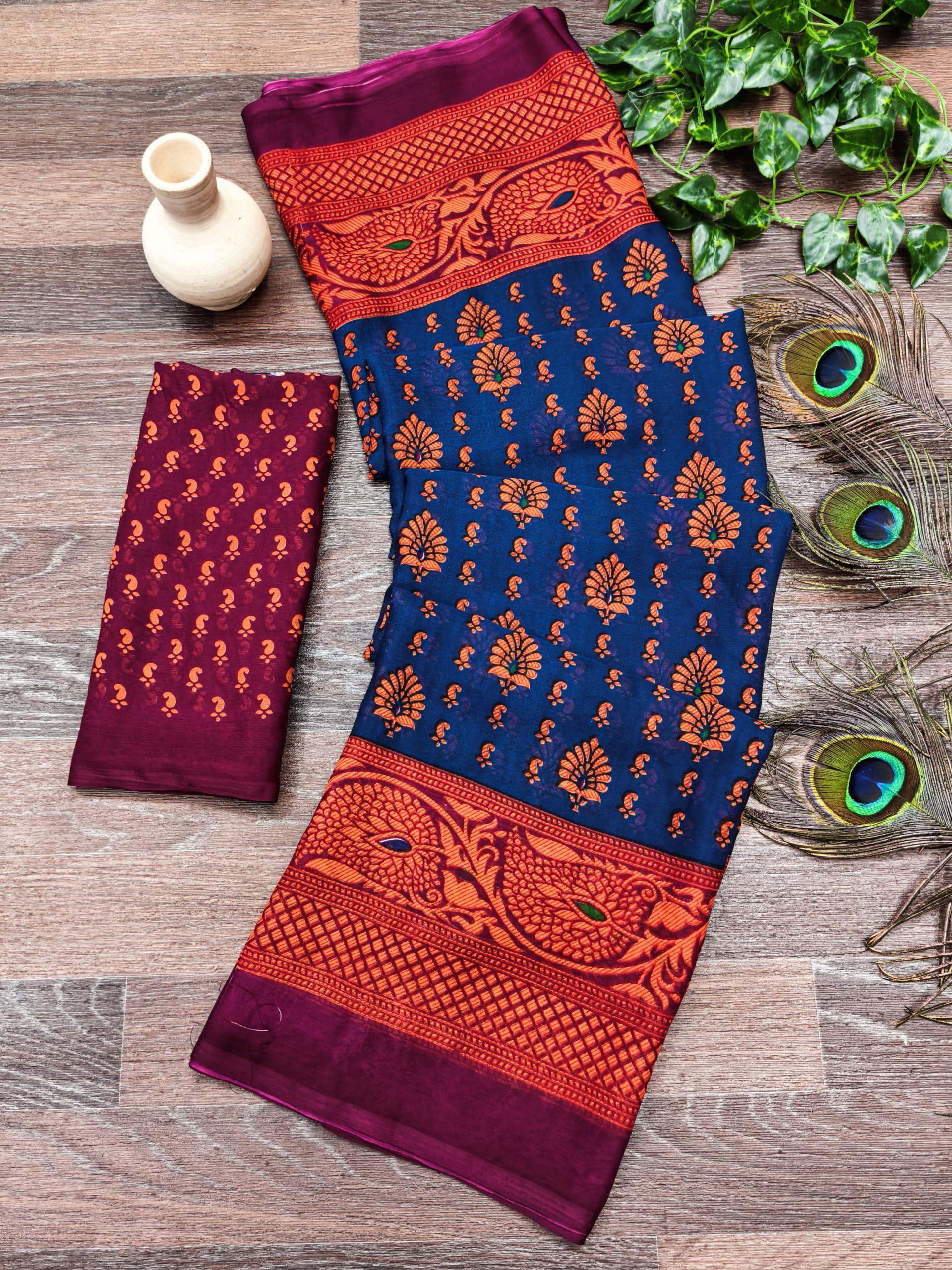 Women Soft Saree With Blouse Piece_freesize (1365_Wine_Blue_Baz)-image-1