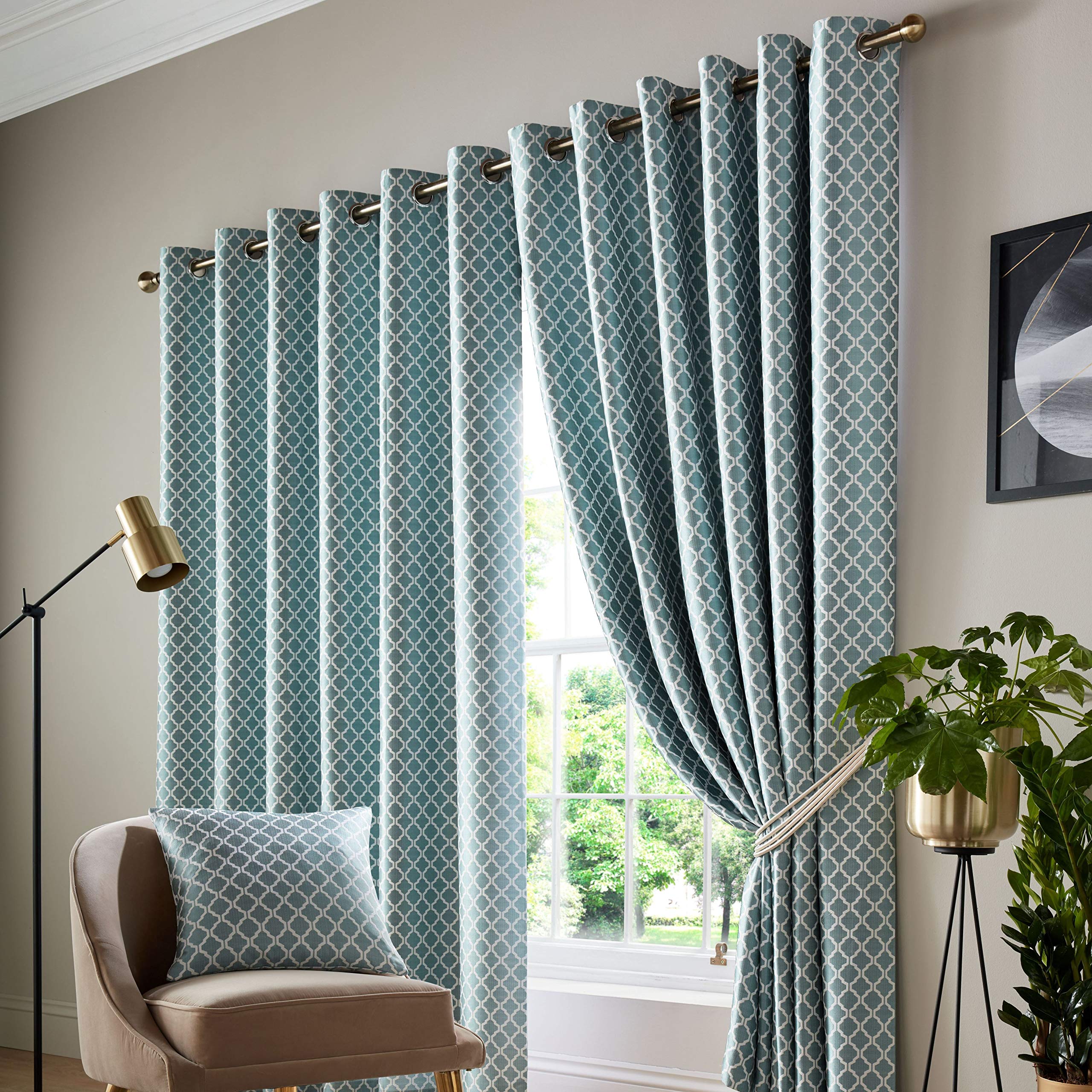 Alan Symonds Wold Teal and White Eyelet Curtains 117cm x 183cm