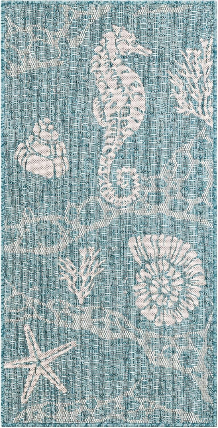 Rugs.com Outdoor Coastal Collection Rug – 4 Ft Runner Aqua Flatweave-Pile Rug Perfect for Hallways, Entryways