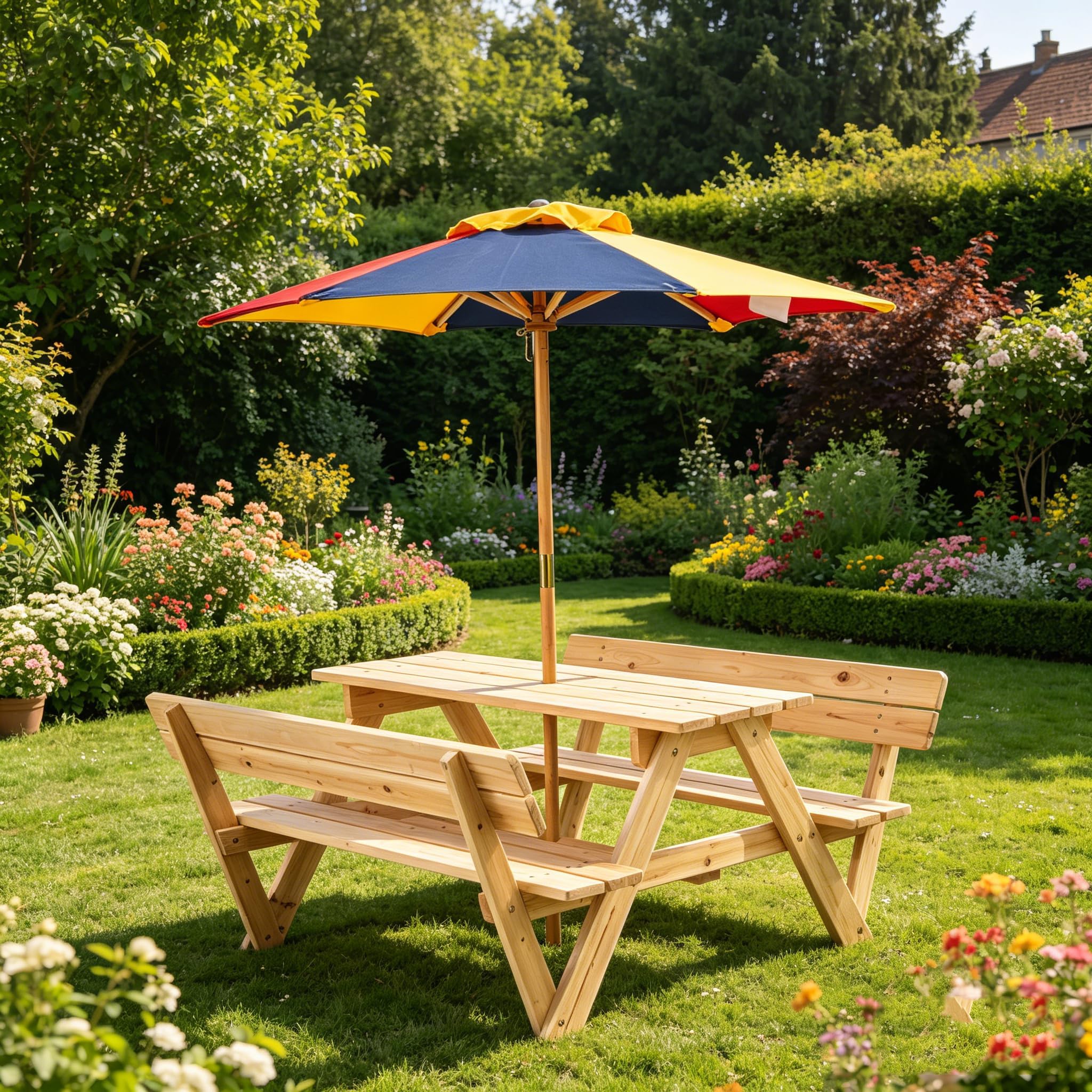 LIFEZEAL Mesa Picnic Infantil Madera, con Sombrilla | Set 2 Bancos Integrados y Respaldo, Estructura Abeto Resistente, Mueble Exterior Niños 3-8 Años Jardín Patio Playa