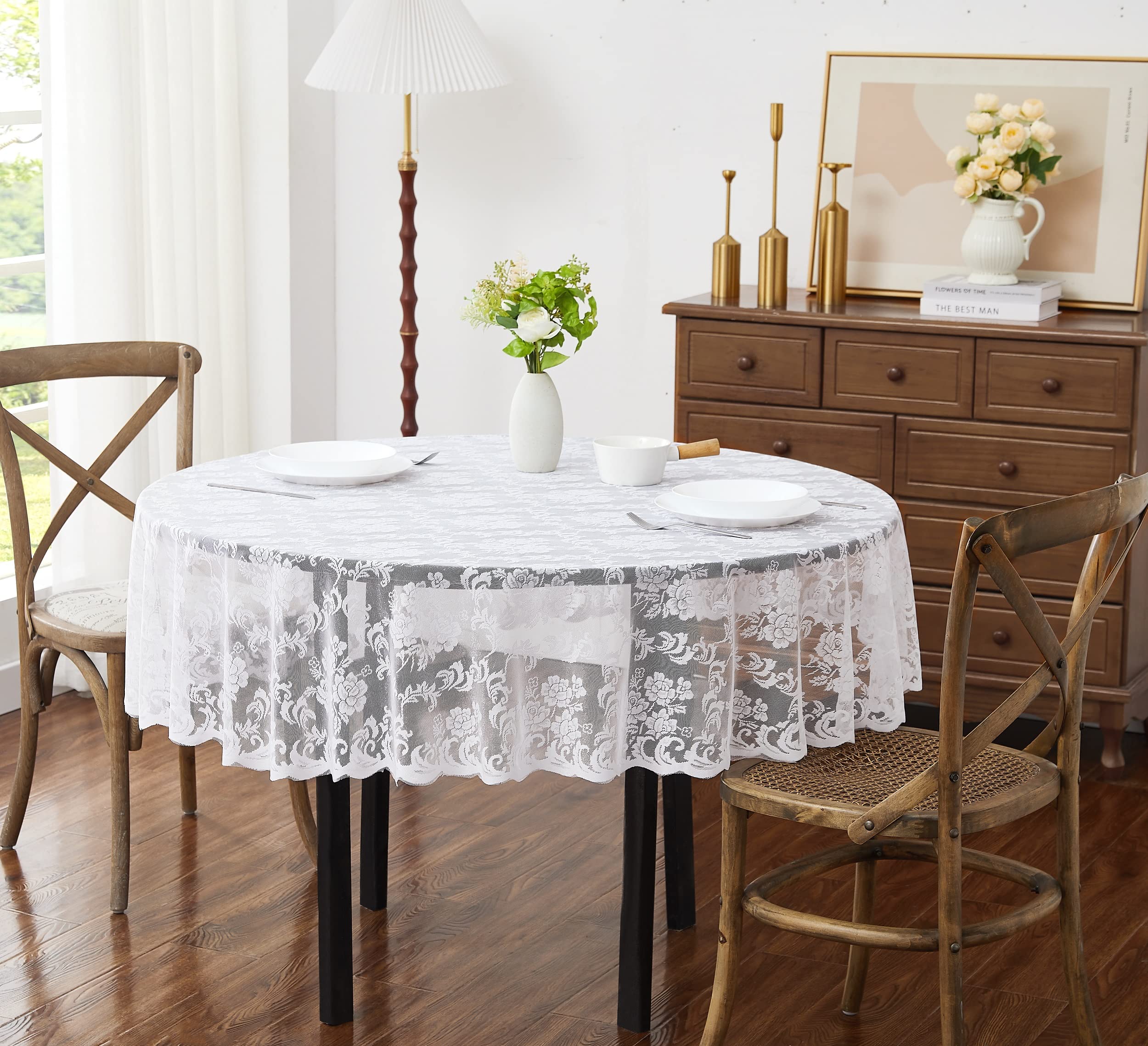 Linenzone White Round Tablecloth For Rustic Vintage Decor. Sheer Lace Table Cloth Works Great As Wedding Tablecloth Or Thanksgiving Table Cover. (Mia 60 Round, )