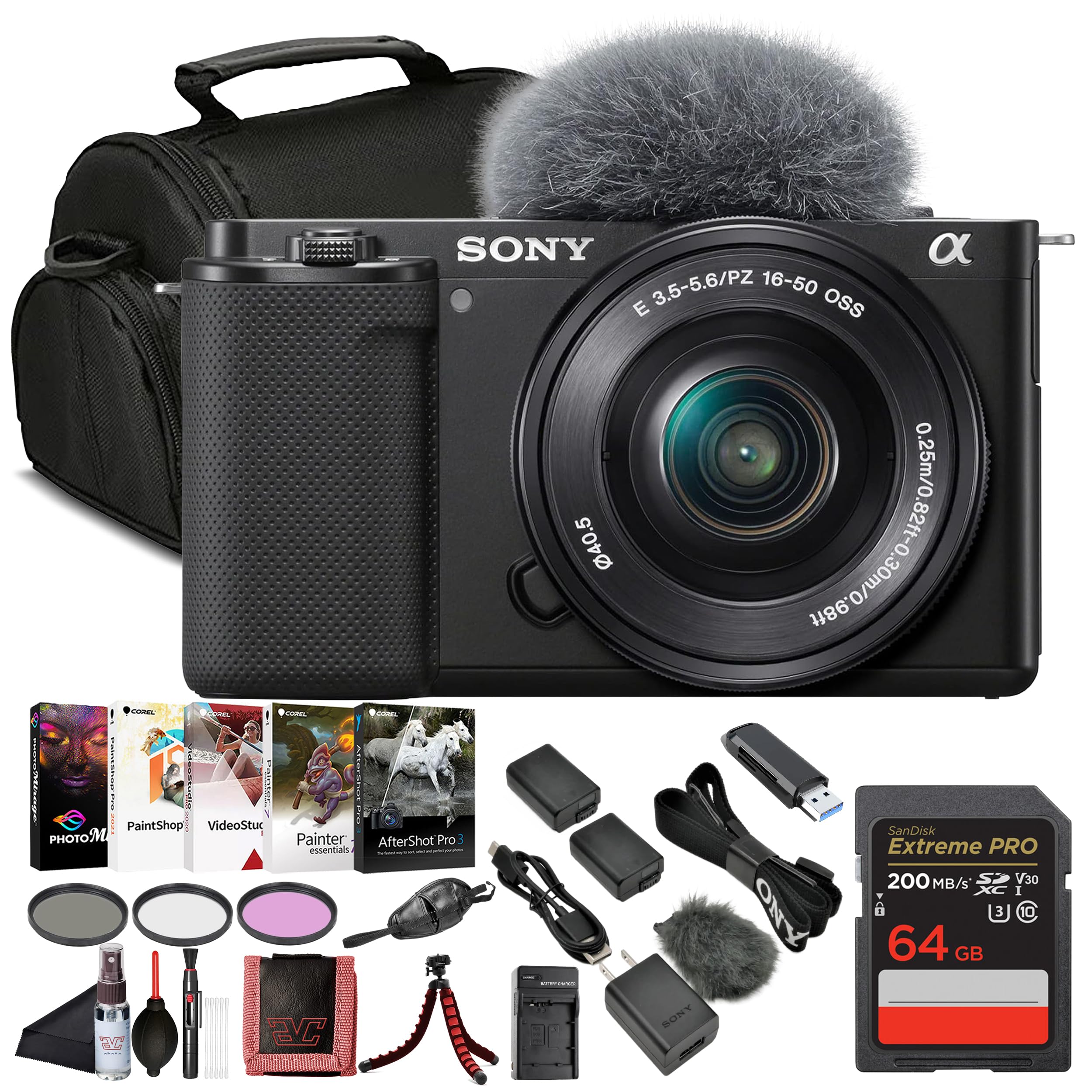 Sony ZV-E10 Mirrorless Camera Black with 16-50mm Power Zoom Lens (ILCZV-E10L) – 24.2 MP APS-C Sensor, 4K Video, Vari-Angle Screen w/ 64GB Memory Card,