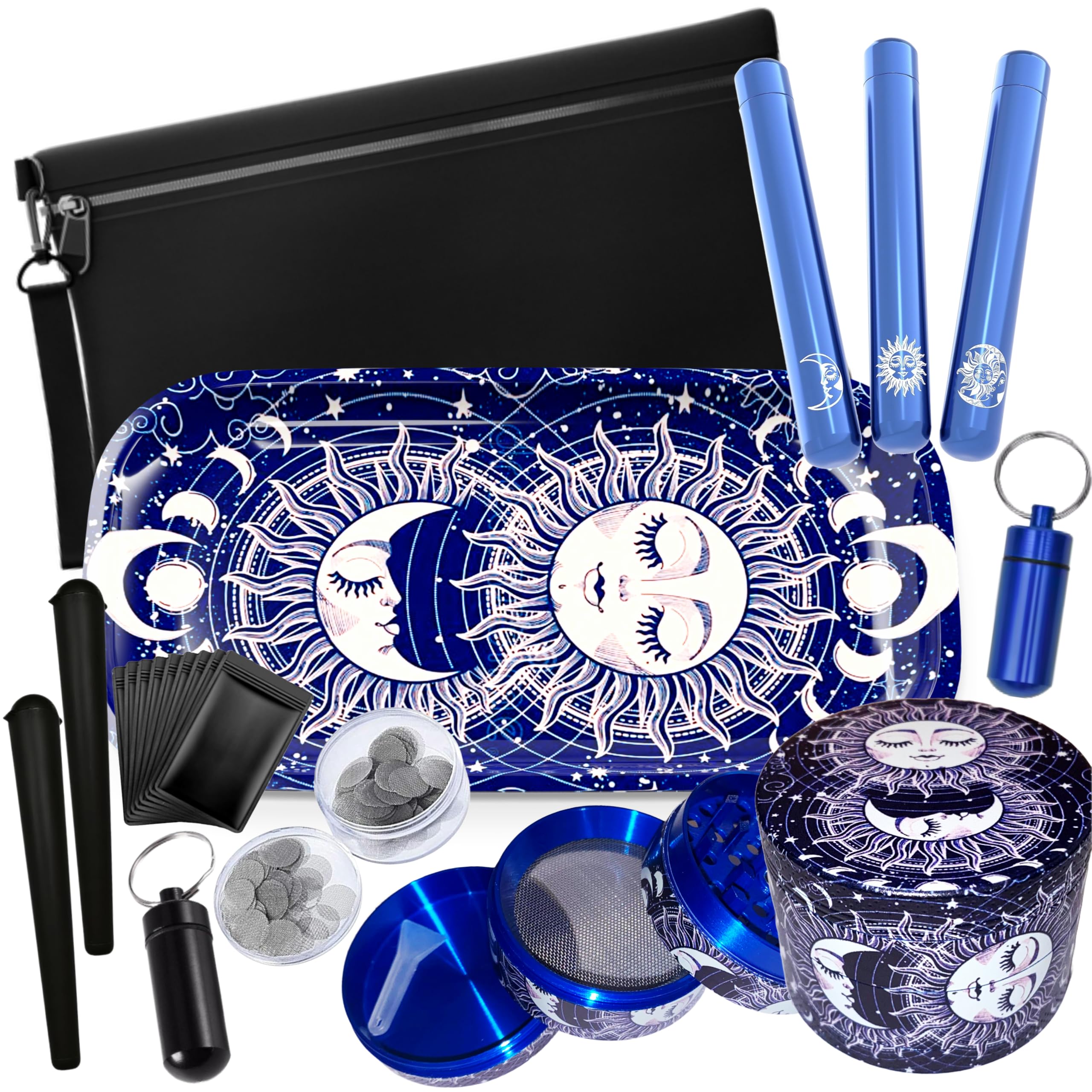 Rolling Tray Bundle Smoking Kit - Extra Large Metal Rolling Tray, Three Aluminium Tubes, Four Piece Metal Grinder, and More - Smokers Accessories (Blue Rolling Tray Kit)
