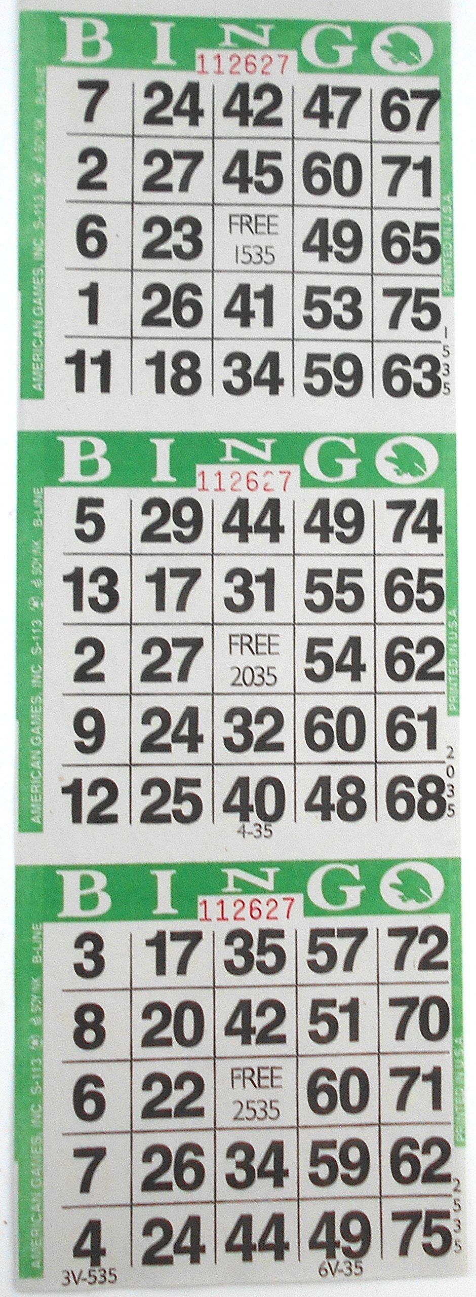 SmallToys 3 on Green Bingo Paper Game Cards - 1000 Sheets - 4 Inch by 12 Inch Size Disposable Sheet - Made in USA