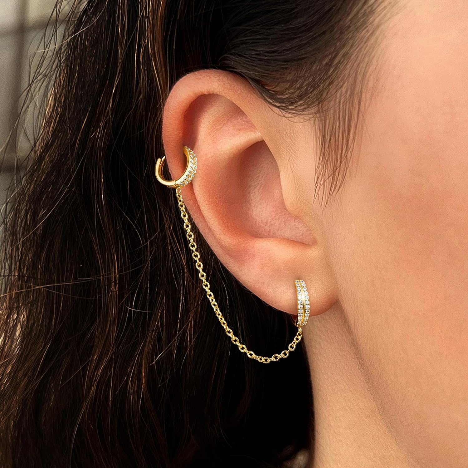 Gold Chain Earrings for Women, Hypoallergenic Huggie Hoop Stud for Catilage Conch Double Piercing, St. Patrick's Day Sterling Silver Chain Earring Jewelry - Image 7