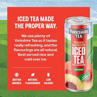 Yorkshire Tea Peach & Raspberry Iced Tea, 330 ml (12-Pack) | 12 Cans of 330 ml, All Natural Flavourings, Made with Plenty of Yorkshire Tea, British Brewed and Ready to Drink