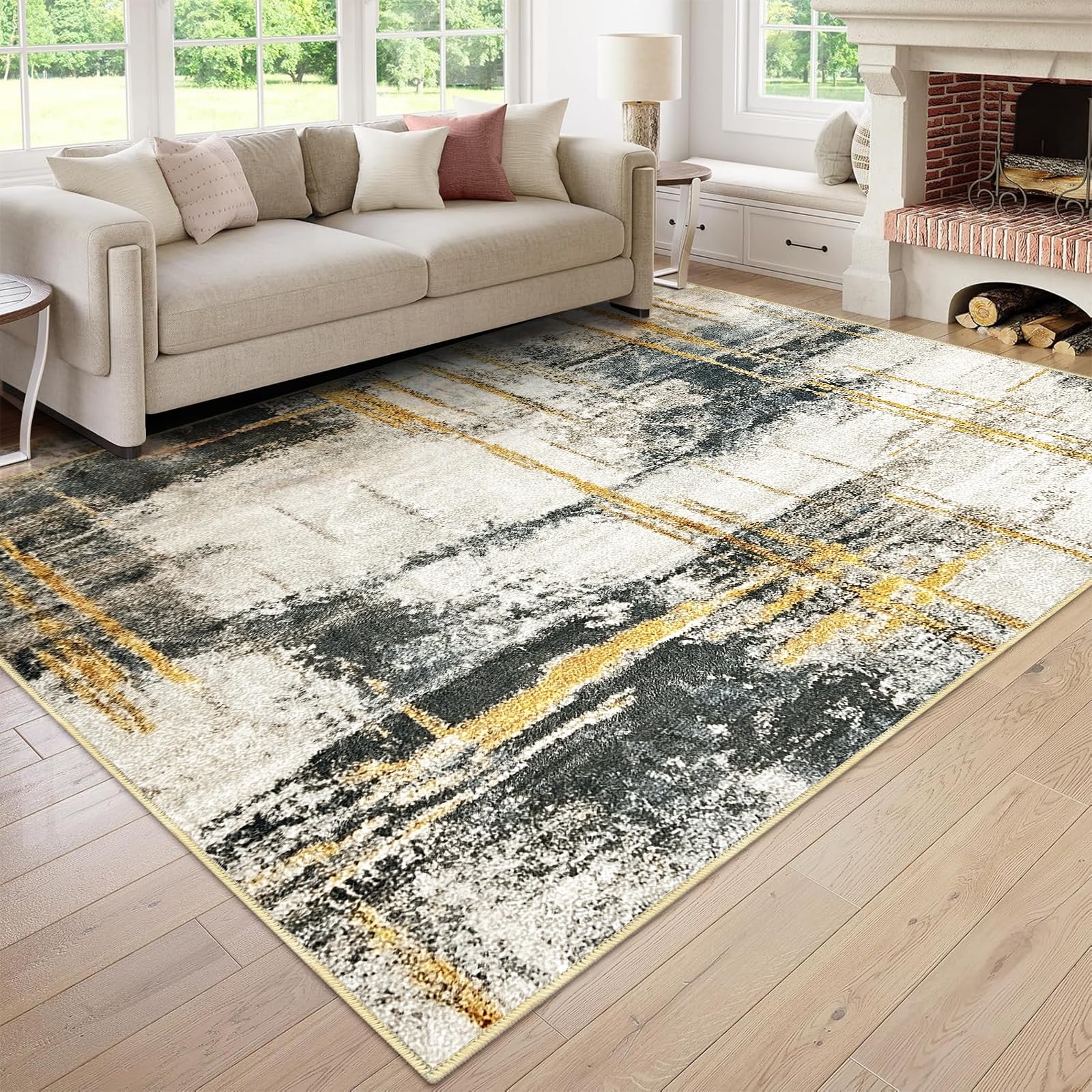 Tapis Antidérapant Salon Moderne, Tapis Doux Lavable en Machine, Tapis Poil Ras Agréablement Étre Destiné à Salon, Chambre, Salle à Manger, Beige & Gris, 200x290cm