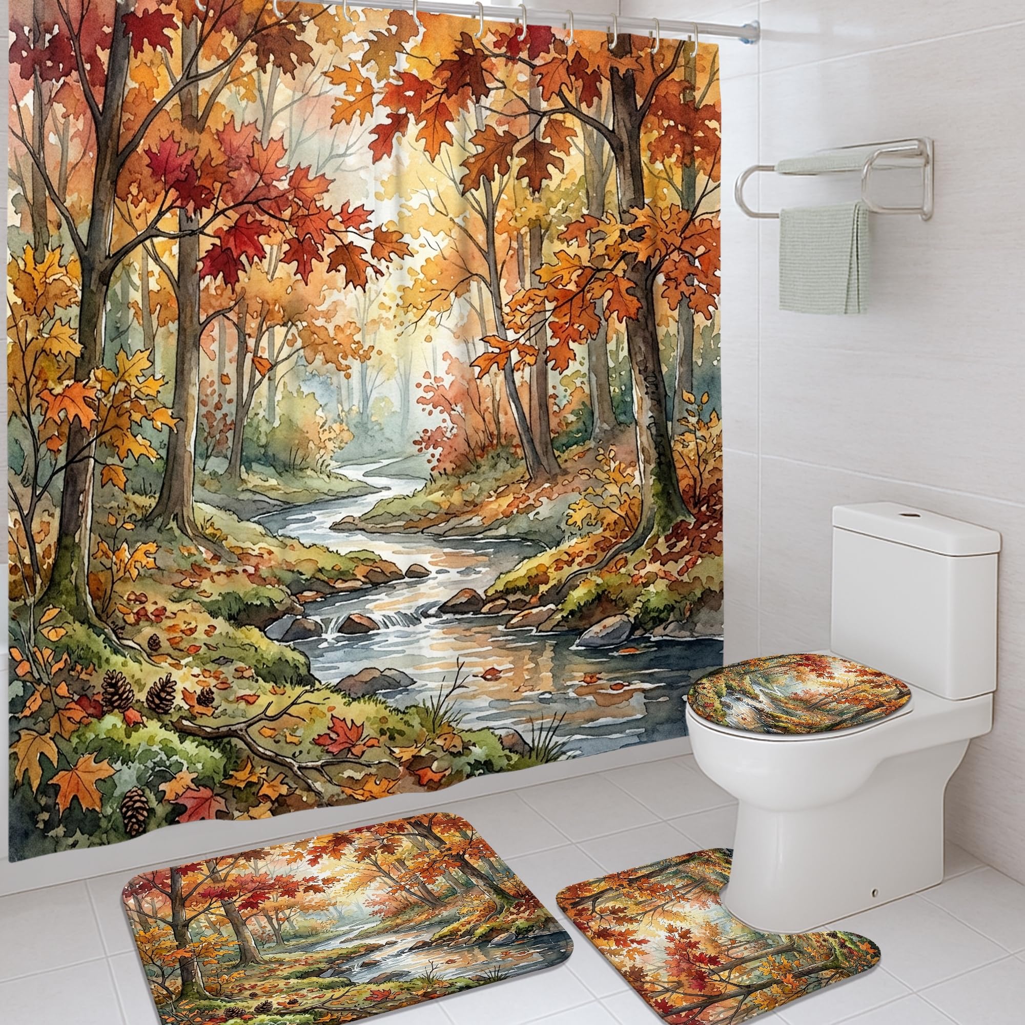 Ensemble rideau de douche et tapis design automne orange haut de gamme