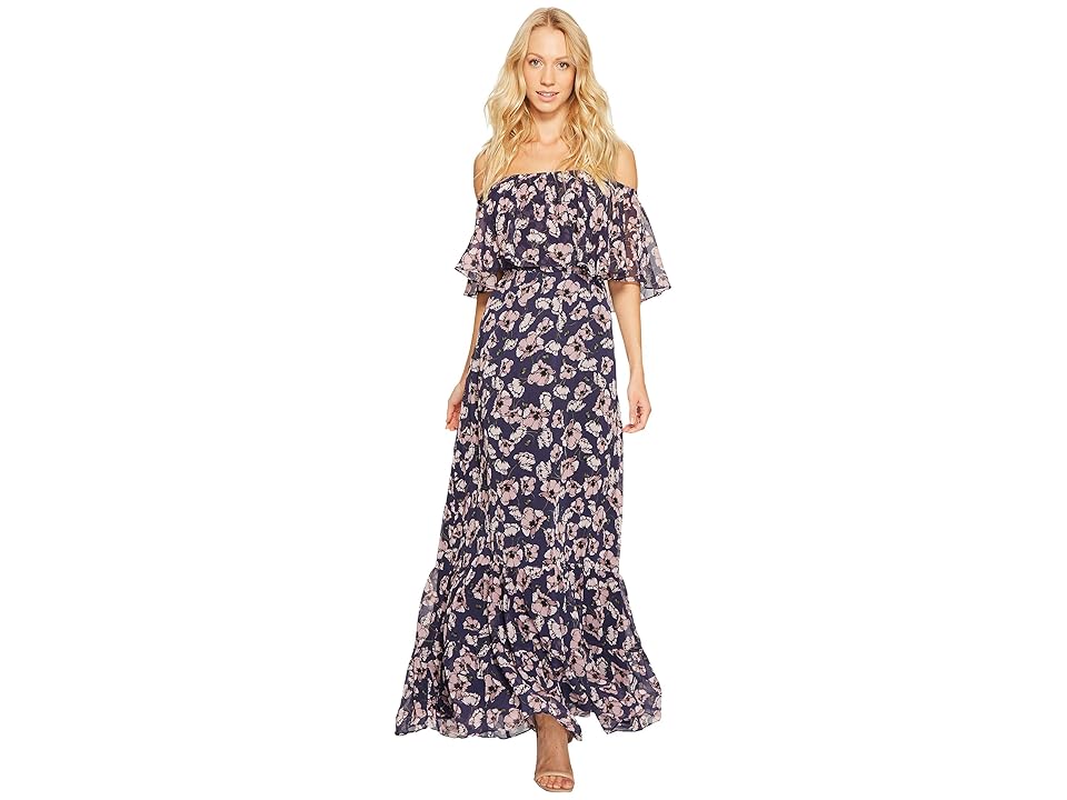 

Donna Morgan Off Shoulder Chiffon Maxi (Marine Navy Multi) Women's Dress