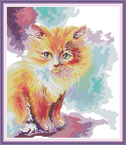 Kit de bricolaje para contar puntos de cruz, kit estampado de punto de cruz para decoración del hogar, kit de bordado de tela de 11 quilates (gatito