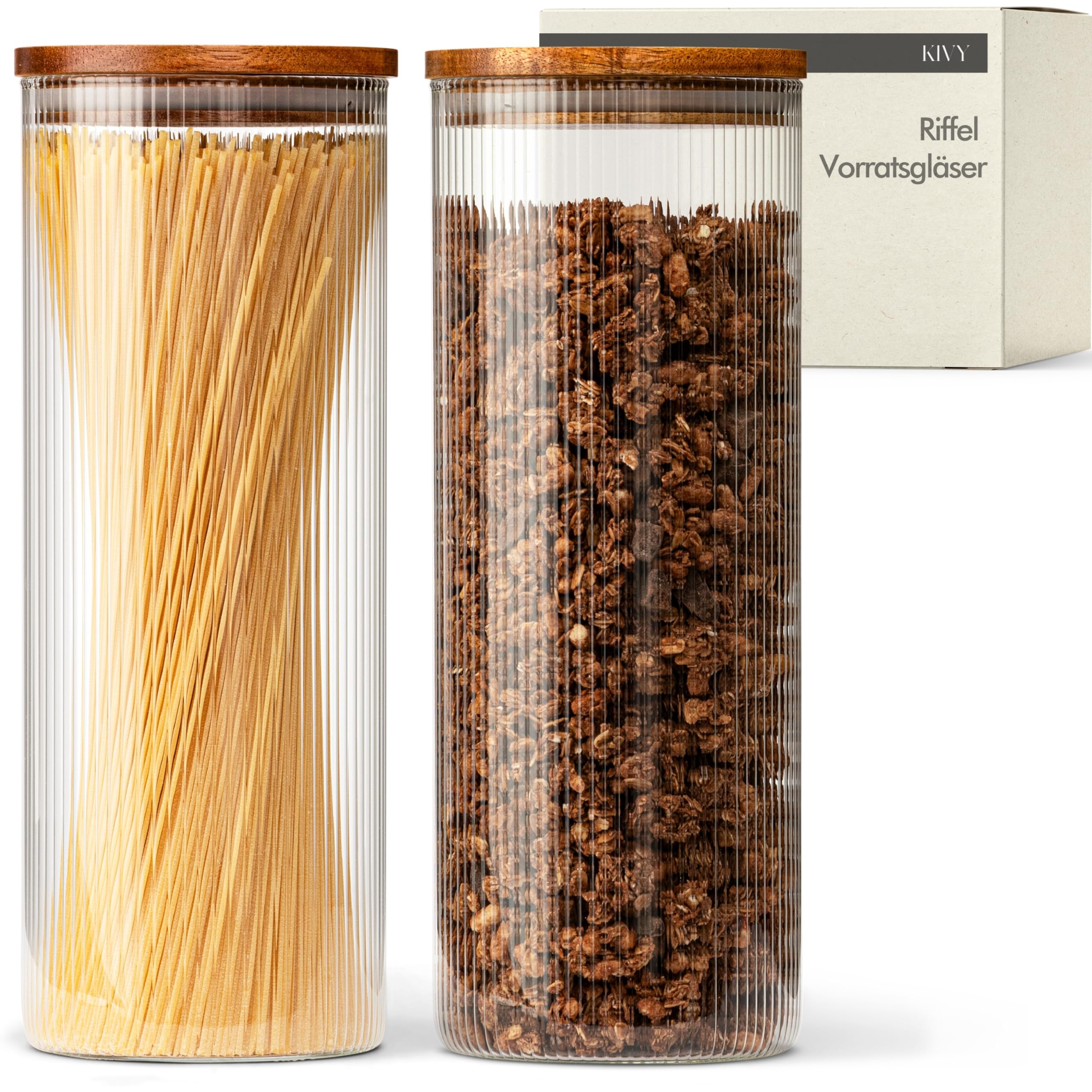 Kivy Transparent Storage Jars With Lid, Airtight, 2 X 1.8 L, For Spaghetti, Flour, Cereal Storage Glass, Pasta Jars With Lid, Spaghetti Storage Glass, Large, Noodle Jars With Acacia Lid