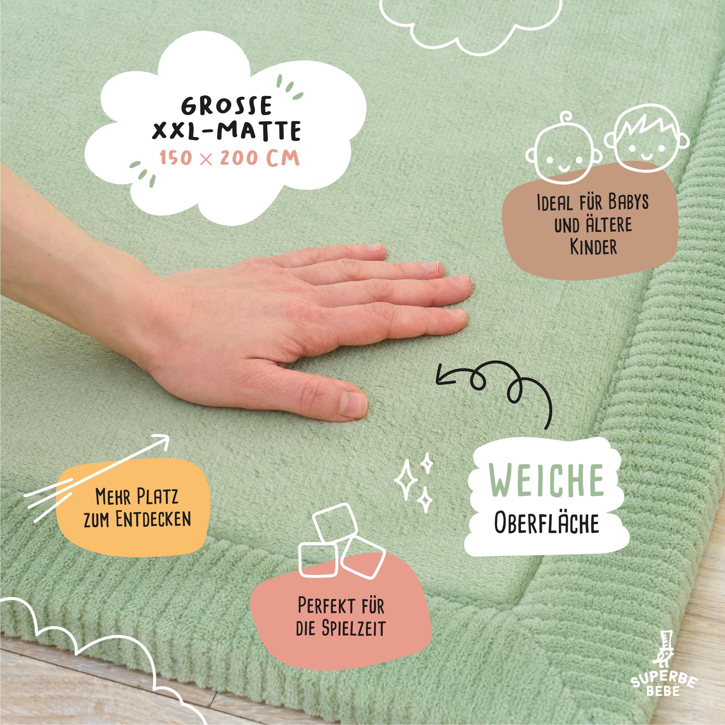 SUPERBE BEBE – Baby Spiel- und Krabbelmatte 150 × 200 × 2,5 cm – Dick und stoßdämpfend – Ungiftiger Memory-Schaum mit Oeko-Tex-Zertifizierung – Spielmatte für Baby- und Kinderzimmer – Elegantes Design