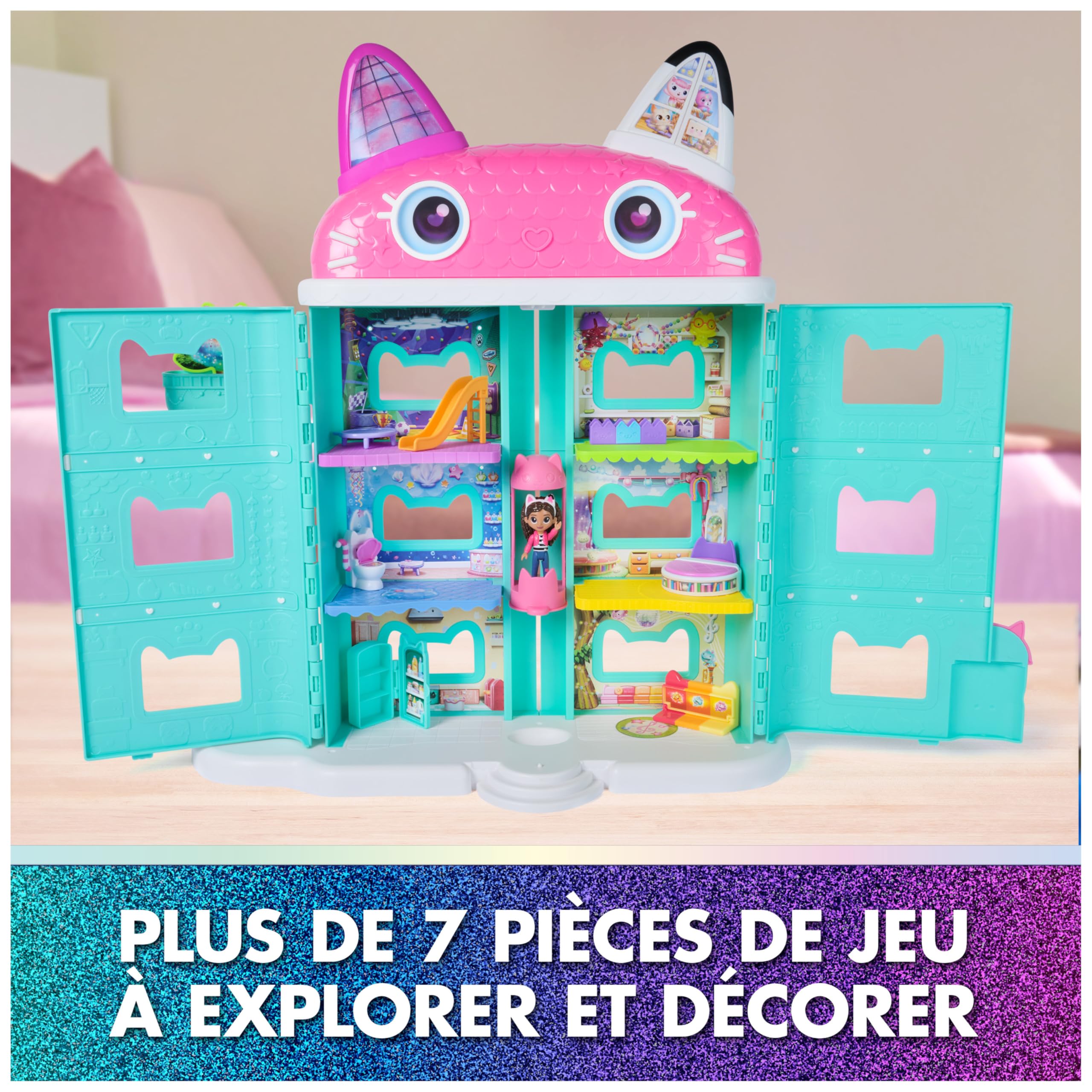 Gabby et la Maison Magique Le Film - Gabby Dollhouse - Maison De Poupée 60 Cm De Haut avec 1 Figurine Et 15 Accessoires - Yeux Lenticulaires - Dessin Animé Jouet - Jouet Enfant 3 Ans Et +