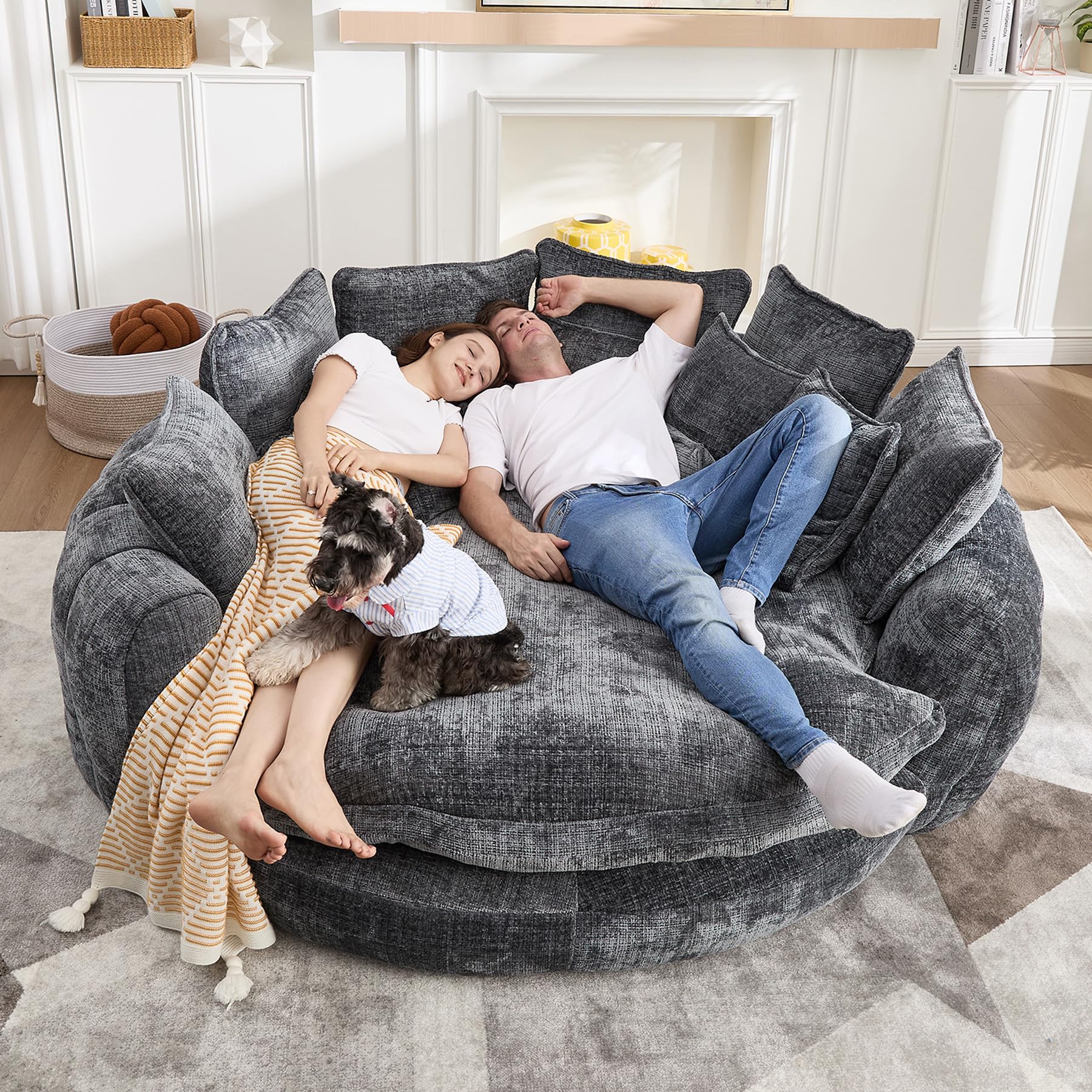 Wrofly 81.1" W Oversized Round Chaise Lounge, Fluffy Lazy Bean Bag Sofa with 14 Pillows, Comfy Chenille Upholstered Barrel Sleeper Bed, Modern Deep Seat Cloud Couch for Living Room, Beige: Grey