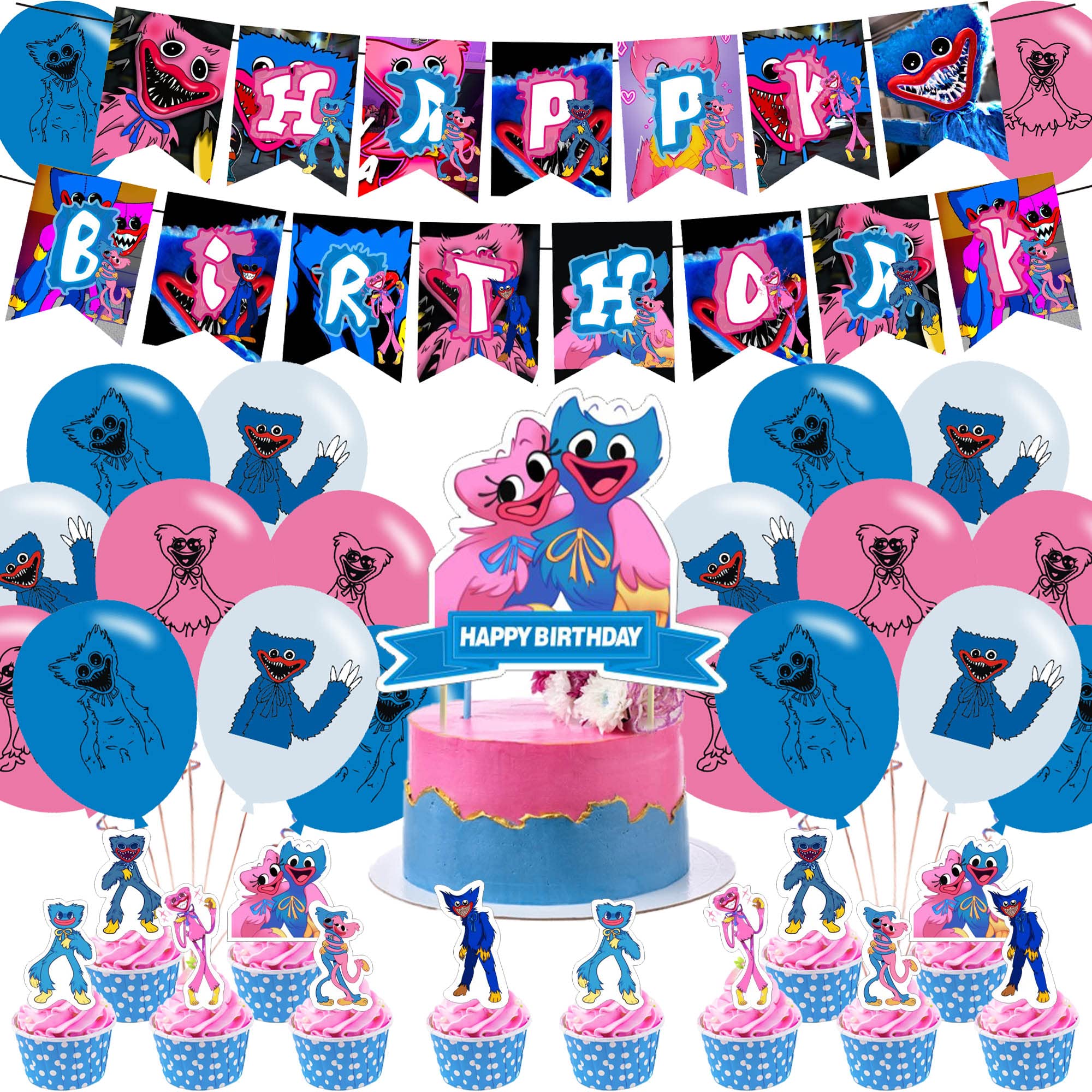 Poppy Playtime Huggy Wuggy Party Decorations,Birthday Party Supplies For Poppy Playtime Party Supplies Includes Banner - Cake Topper - 12 Cupcake Toppers - 18 Balloons