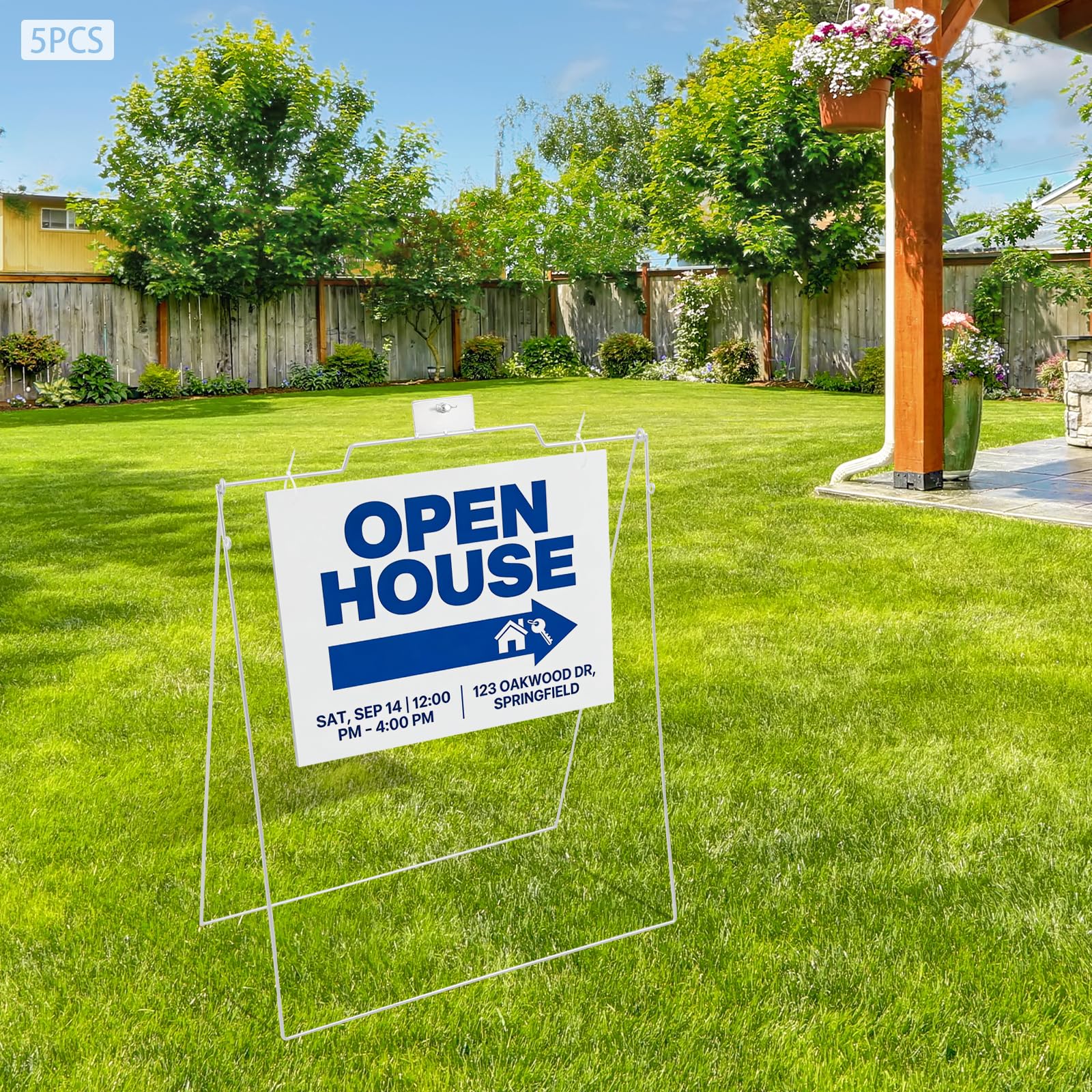 5 sztuk metalowych tabliczek z ramą A, stojak na tabliczkę typu "Open House" (Open House), stojak na chodnik, ramka A, 71 x 81 cm, składany, stojak na plakat z żelaza (srebrny)