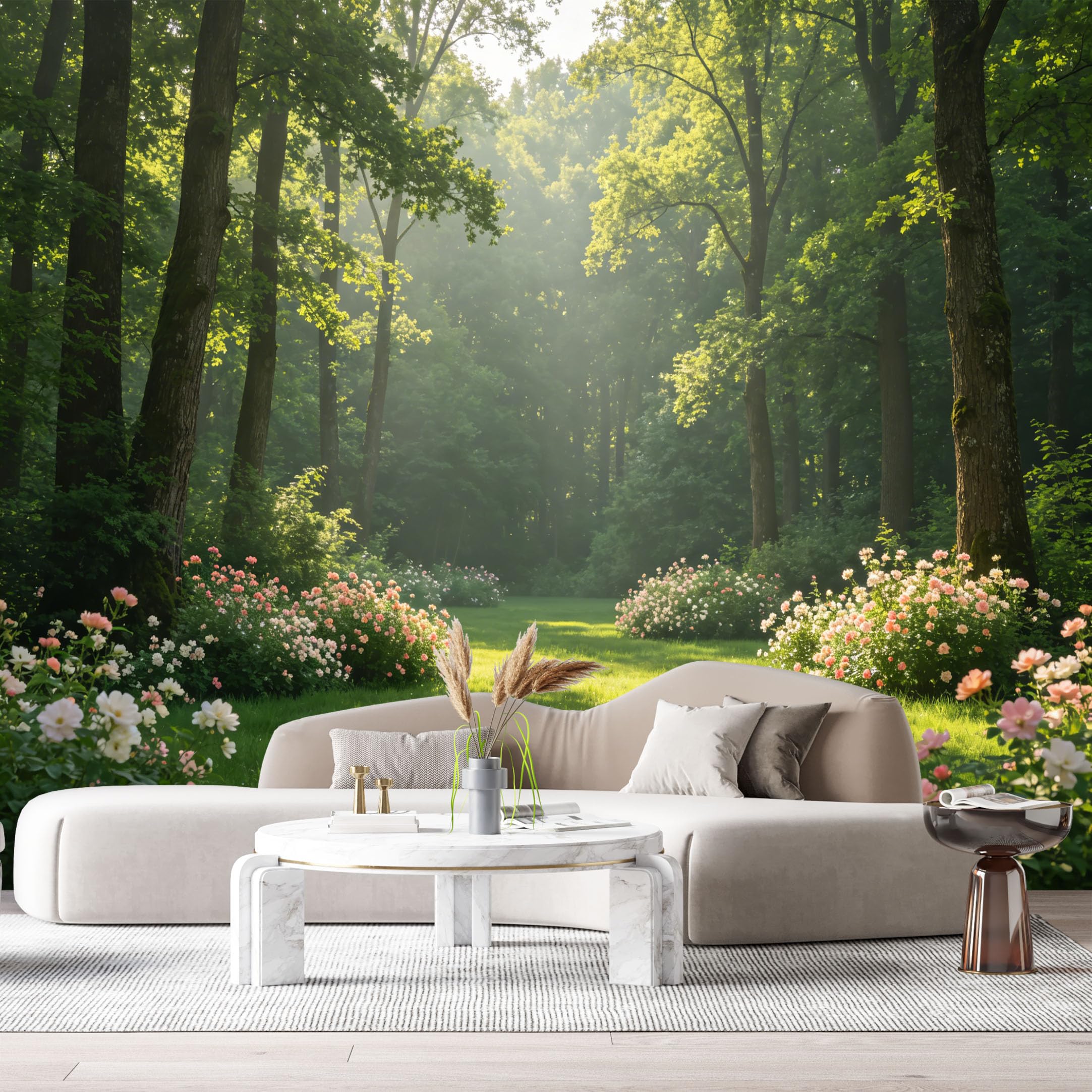 Custom Size Wall Murals Forest Botanical Morning Sunlight Blooming Flowers SelfAdhesive Wall Fabric Removable Large Wallpaper for Photo Living Room