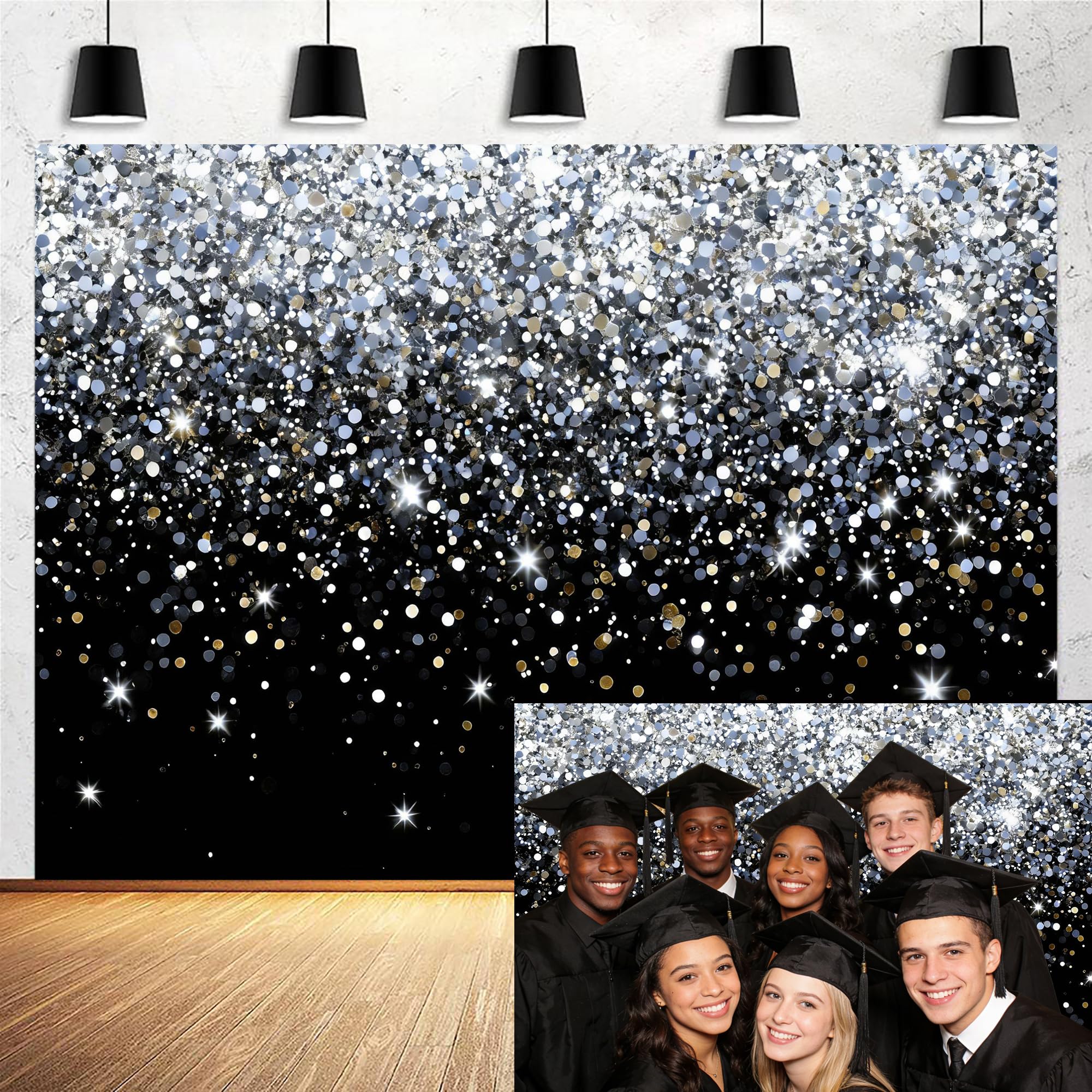 15x10ft Black Silvery Backdrop Wedding Birthday Party Backdrop Prom Party Graduation Glitter Photo Background Christmas Party Decorations Banner