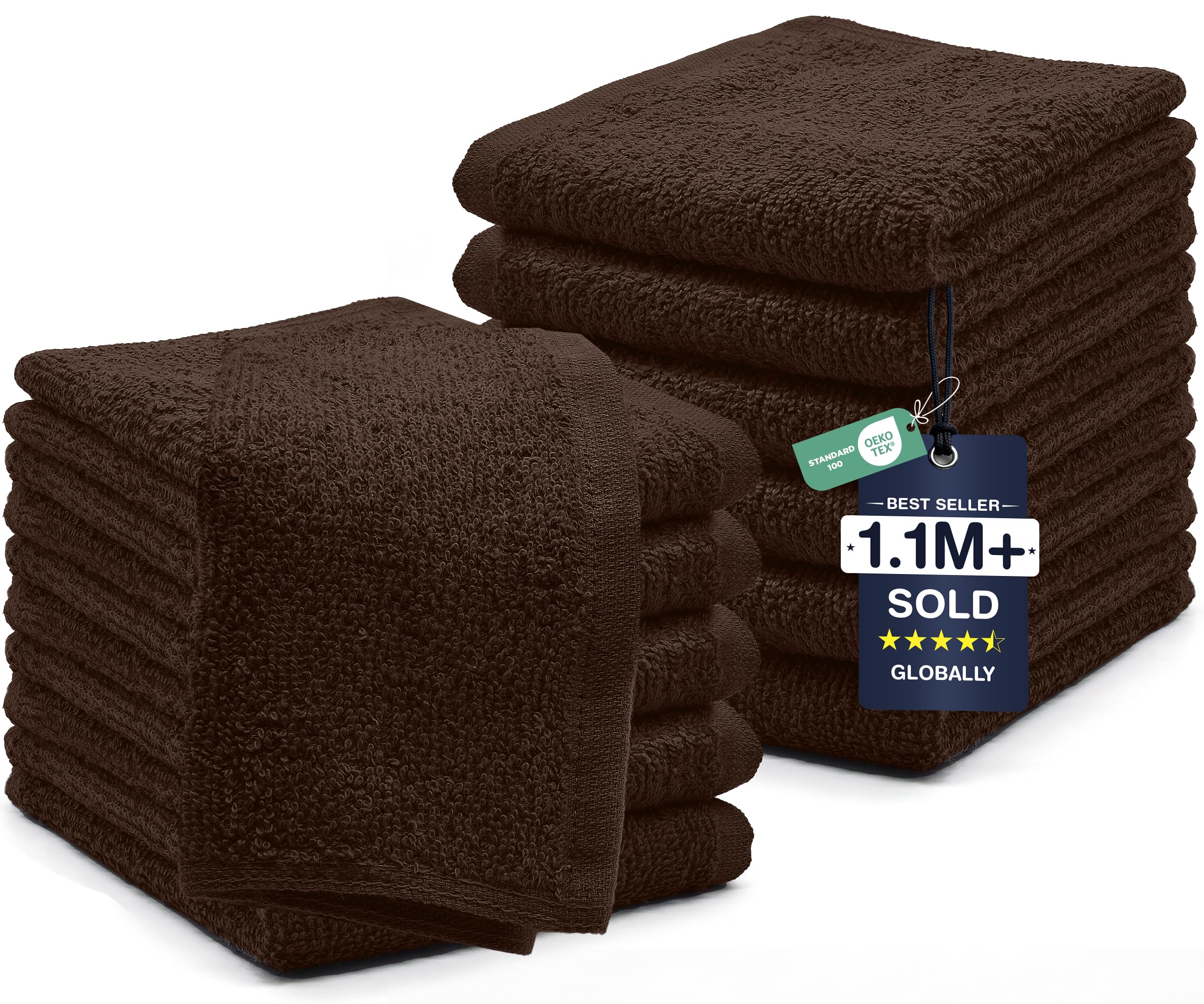 DAN RIVER 12 Pack Cotton Wash Cloths Set for Showering [12x12] Brown