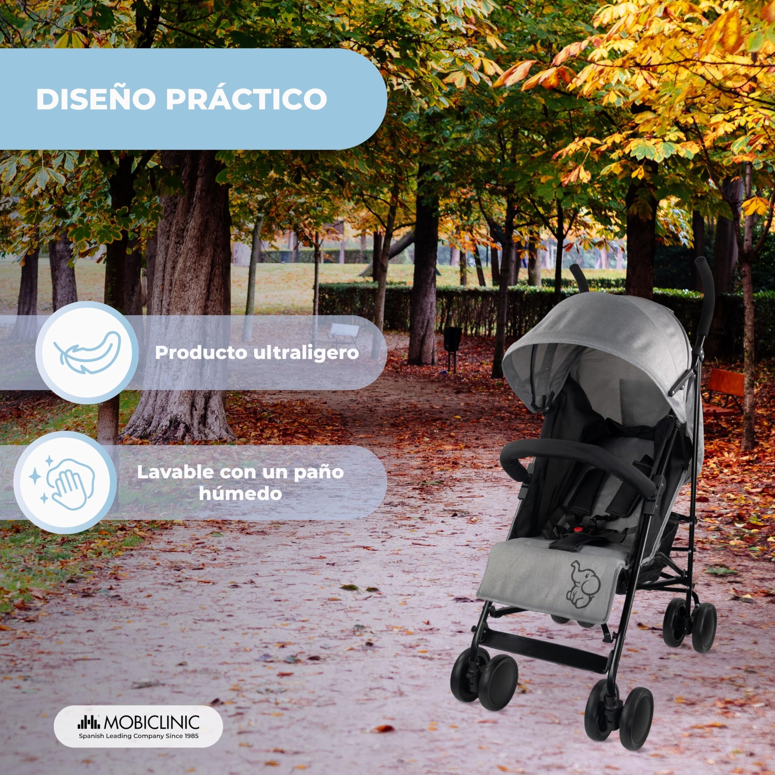 Mobiclinic®, Carrito bebe, Marca española, Plegable, Respaldo reclinable, Doble sistema de seguridad, Ruedas extraíbles, Arnés ajustable 5 puntos, Silla paseo ligera, Gris y negra