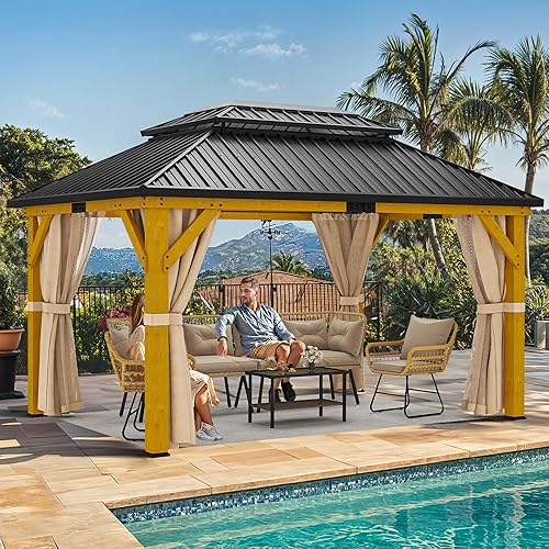 YITAHOME 13x15ft Wood Gazebo Outdoor Wooden Frame Double Roof Hardtop