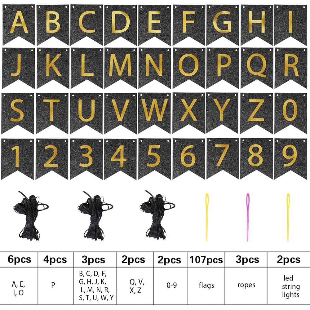 112 Pcs Custom Letter Banner Kit DIY Gold Glitter Personalized Letter Banner Include 107 Letters and Numbers 3 Rope and 2 String Lights Wall Decor for Halloween Birthday Party Favor(Black Gold) : 112-pcs-custom-letter-banner-kit-diy-gold-glitter-personalized-letter-banner-include-107-letters-and-numbers-3-rope-and-2-string-lights-wall-decor-for-halloween-birthday-party-favor-black-gold