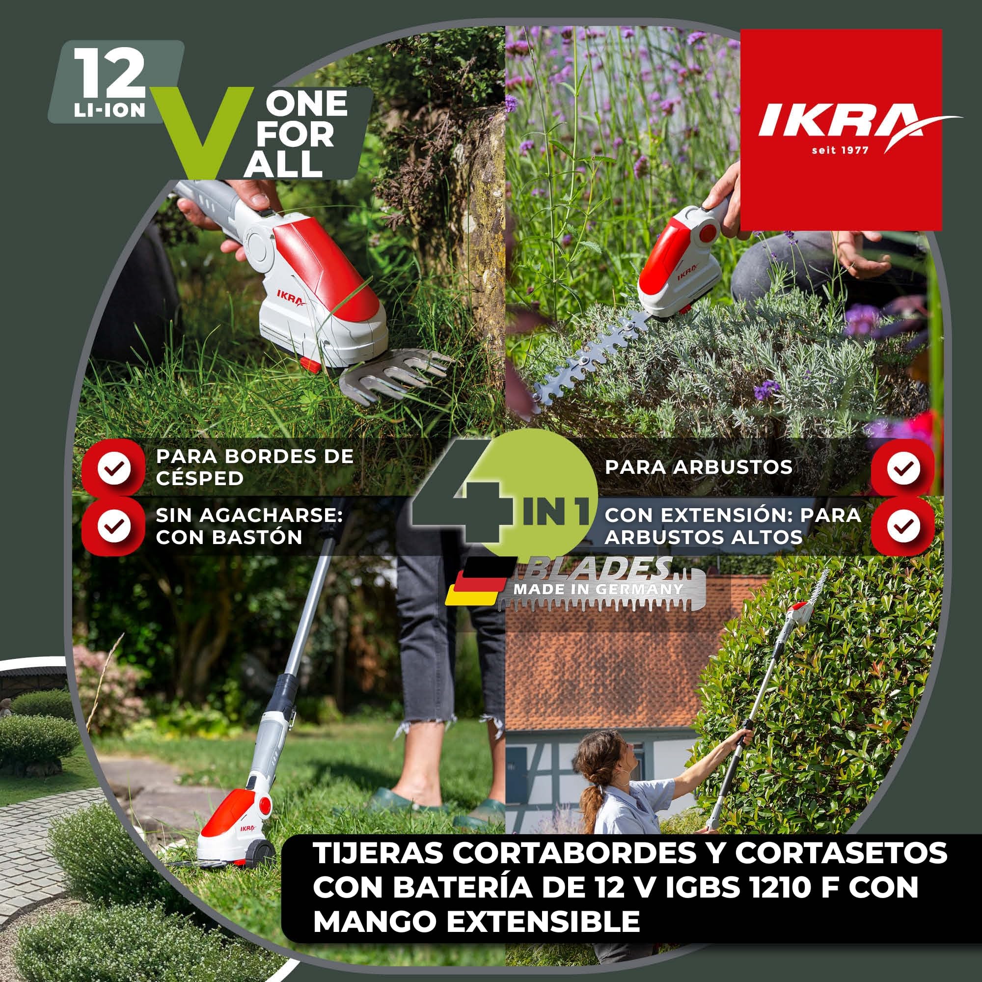 IKRA Tijeras para Hierba y arbustos telescópica a batería IGBS 1210F | Incluye batería de 12 V y cargador, mango de 7 posiciones, cuchillas «Made in Germany», gama de baterías IKRA de 12 V