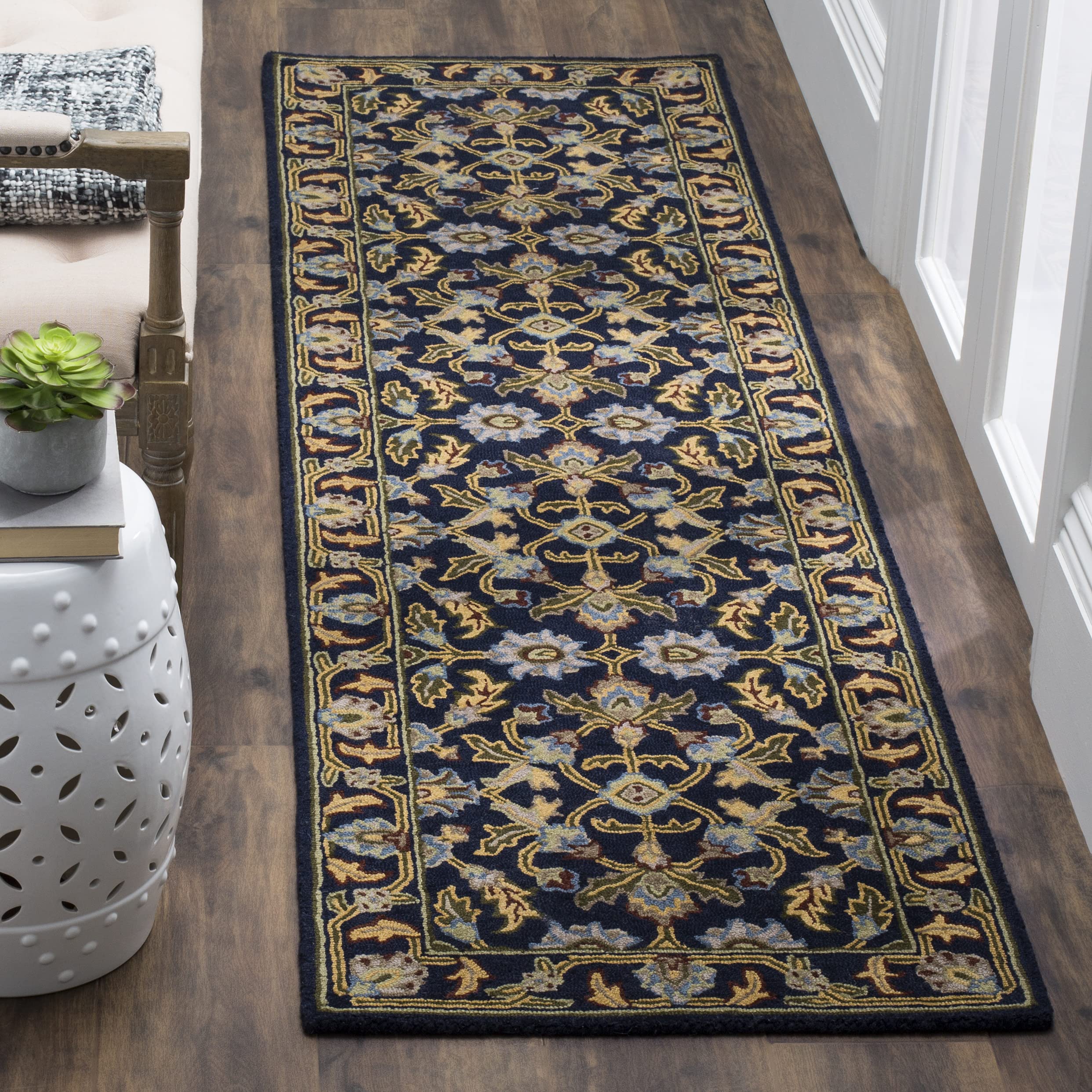 SafaviehBlossom Collection 2' 3" x 10' Navy BLM219A Handmade Premium Wool Entryway Foyer Living Room Kitchen Runner Rug