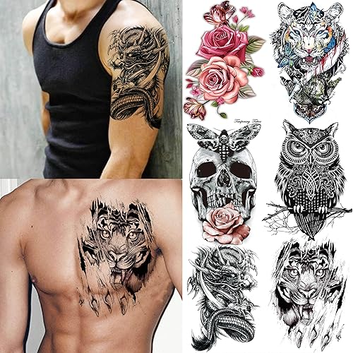 Miniatura 4 de COKTAK 46 hojas de tatuajes temporales grandes de león dragón para hombres y adultos, 3D realista, tigre, lobo búho, flor, tatuajes falsos para