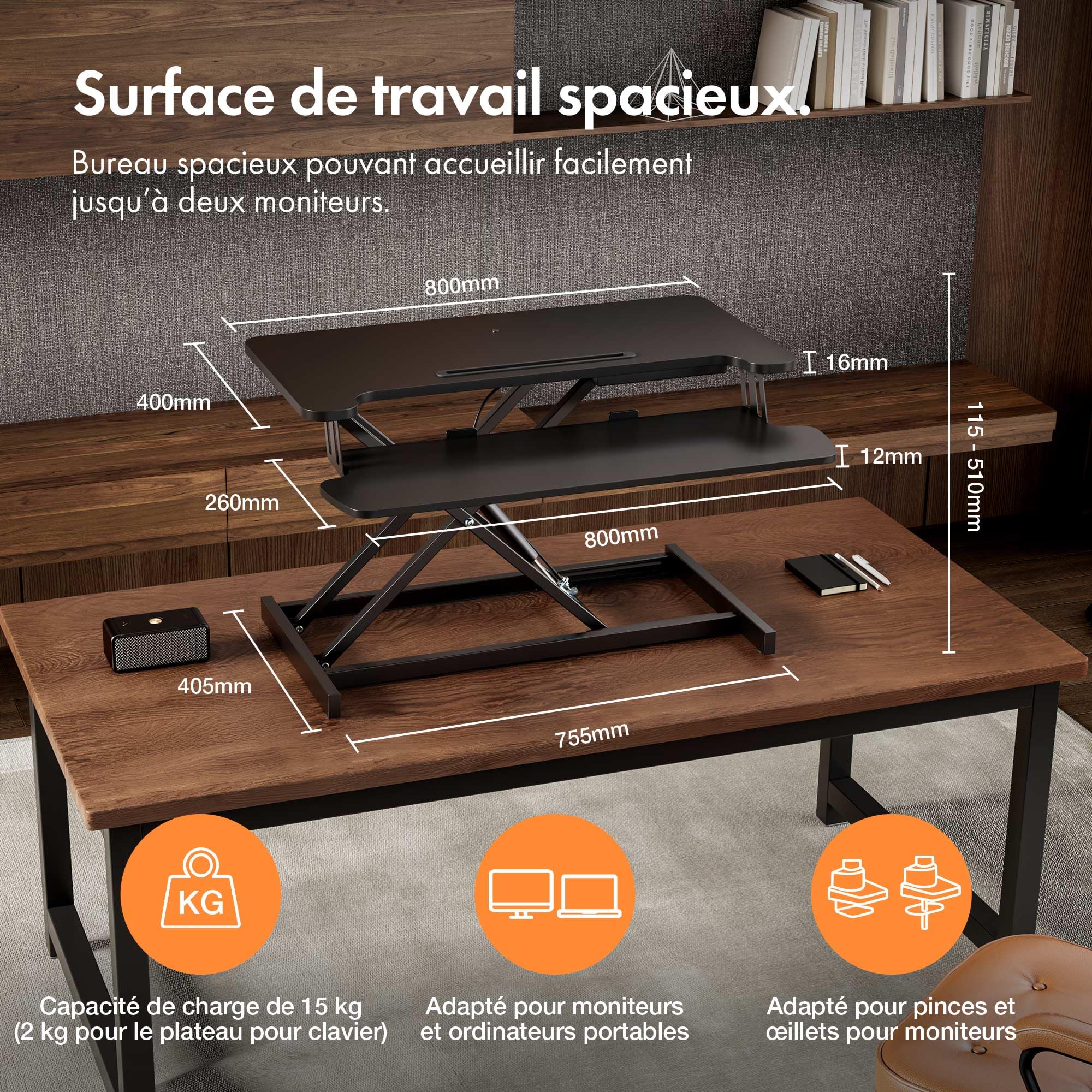 VonHaus Convertisseur de Bureau Debout, Poste de Travail Assis-Debout Réglable en Hauteur, avec Plateau pour Clavier, Support pour Tablette (Noir)