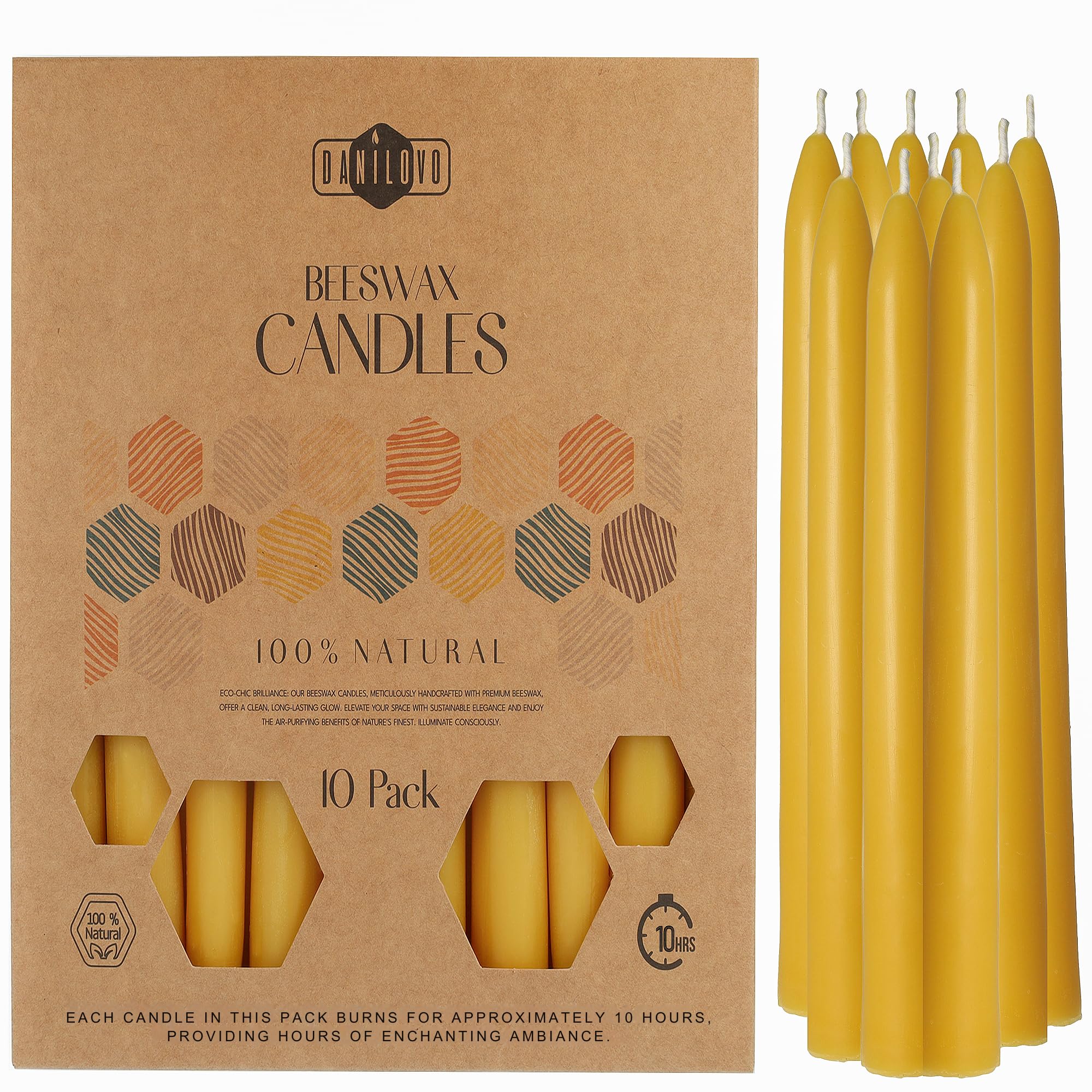 Danilovo Yellow Pure Beeswax Candles - Pack Of 10 Taper, Honey-Scented, Sustainable & Long Burning Natural Beeswax Accessory For Any Occasion & Candle Holder