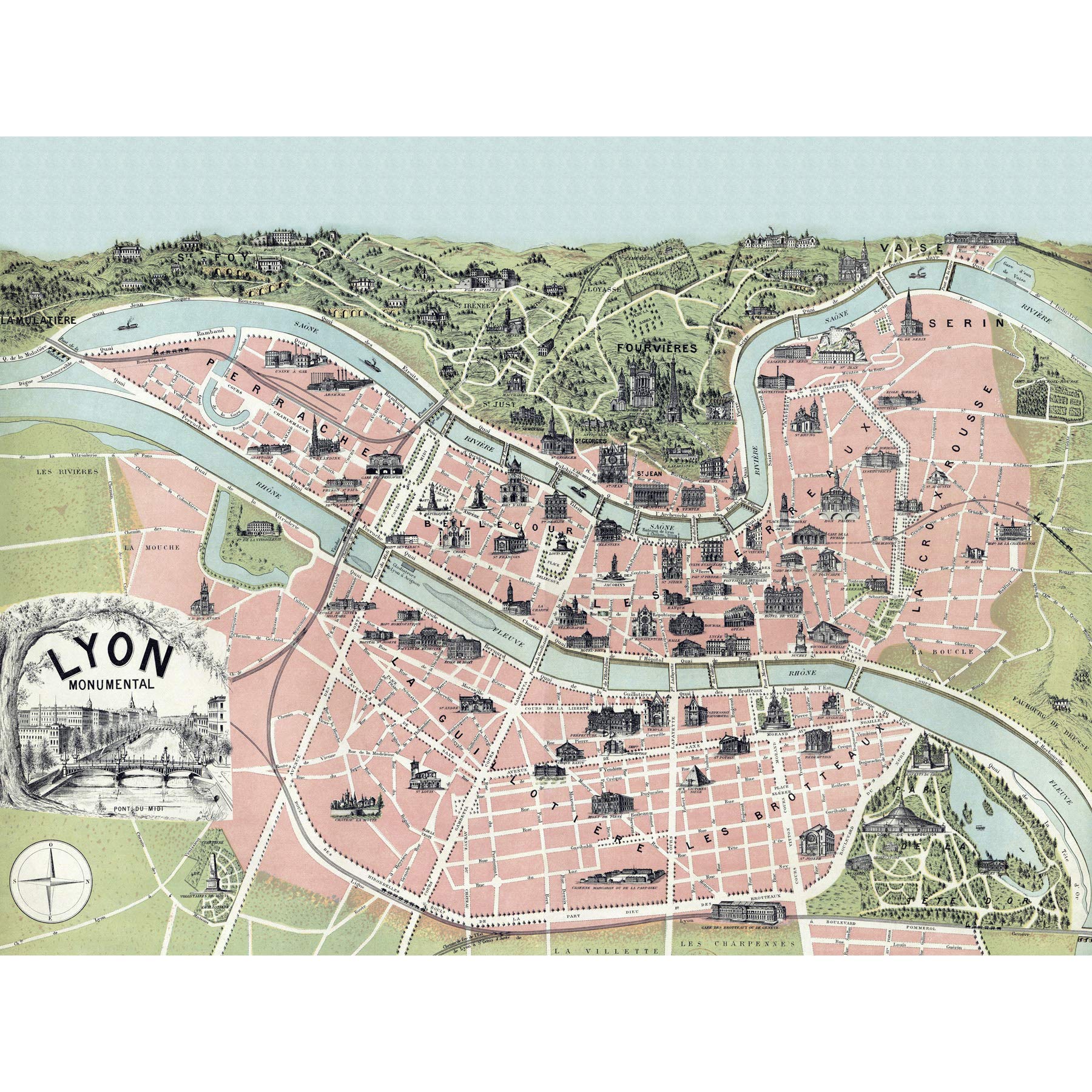 Wee Blue Coo Lyon City France Vintage Map Premium Wall Art Canvas Print 18X24 Inch