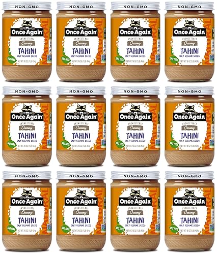 Once Again Tahini de sésamo natural, 16 onzas, sin sal, sin azúcar, certificado sin gluten, vegano, kosher, paleo, sin maní, tarro de cristal, caja