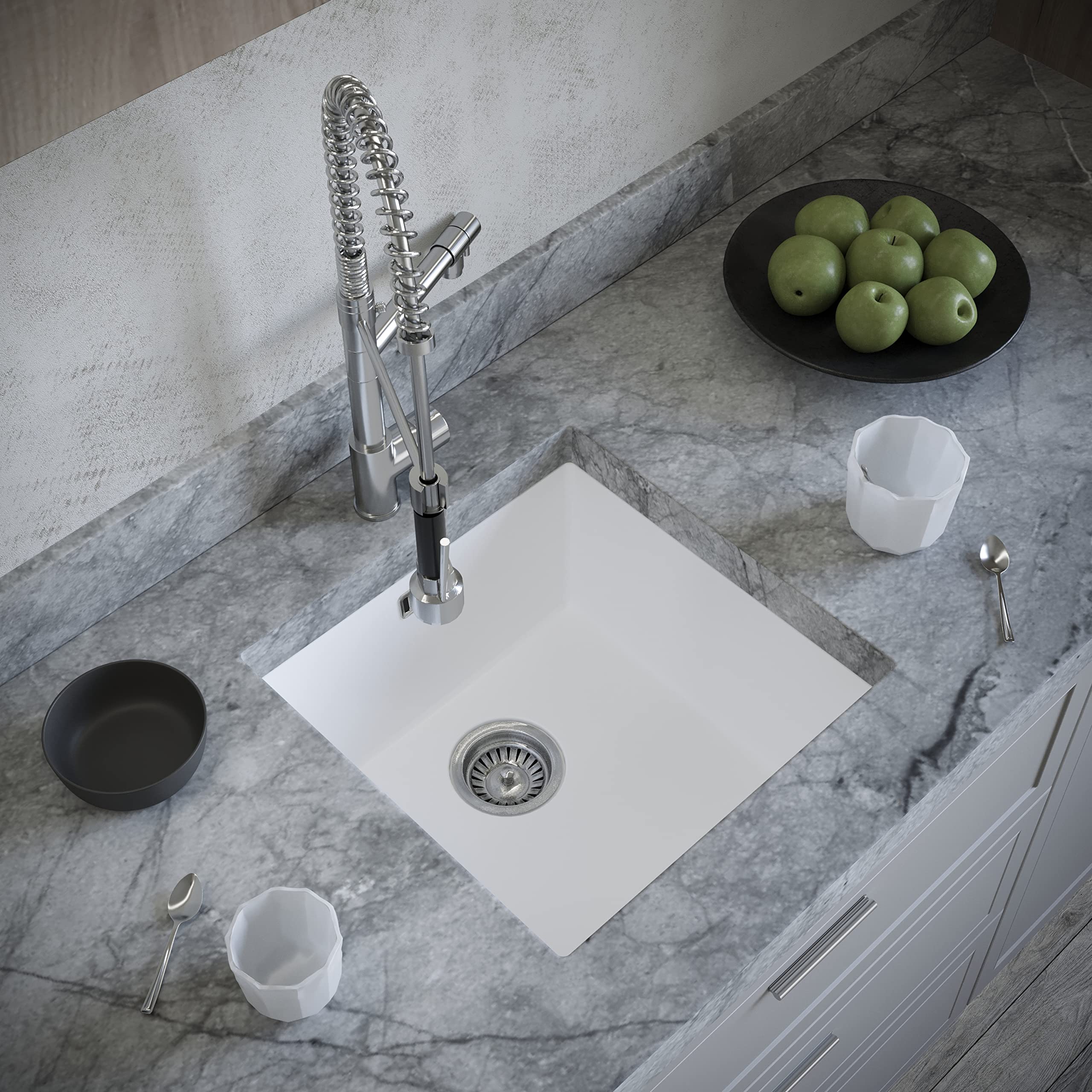 Kitchen Sink with Strainer & Overflow - Luxurious Single Bowl Kitchen Sinks Made of Pressed Material - Scratch Resistant & Simple to Keep Clean – Hygienic & Sound Absorbing (Matt White)