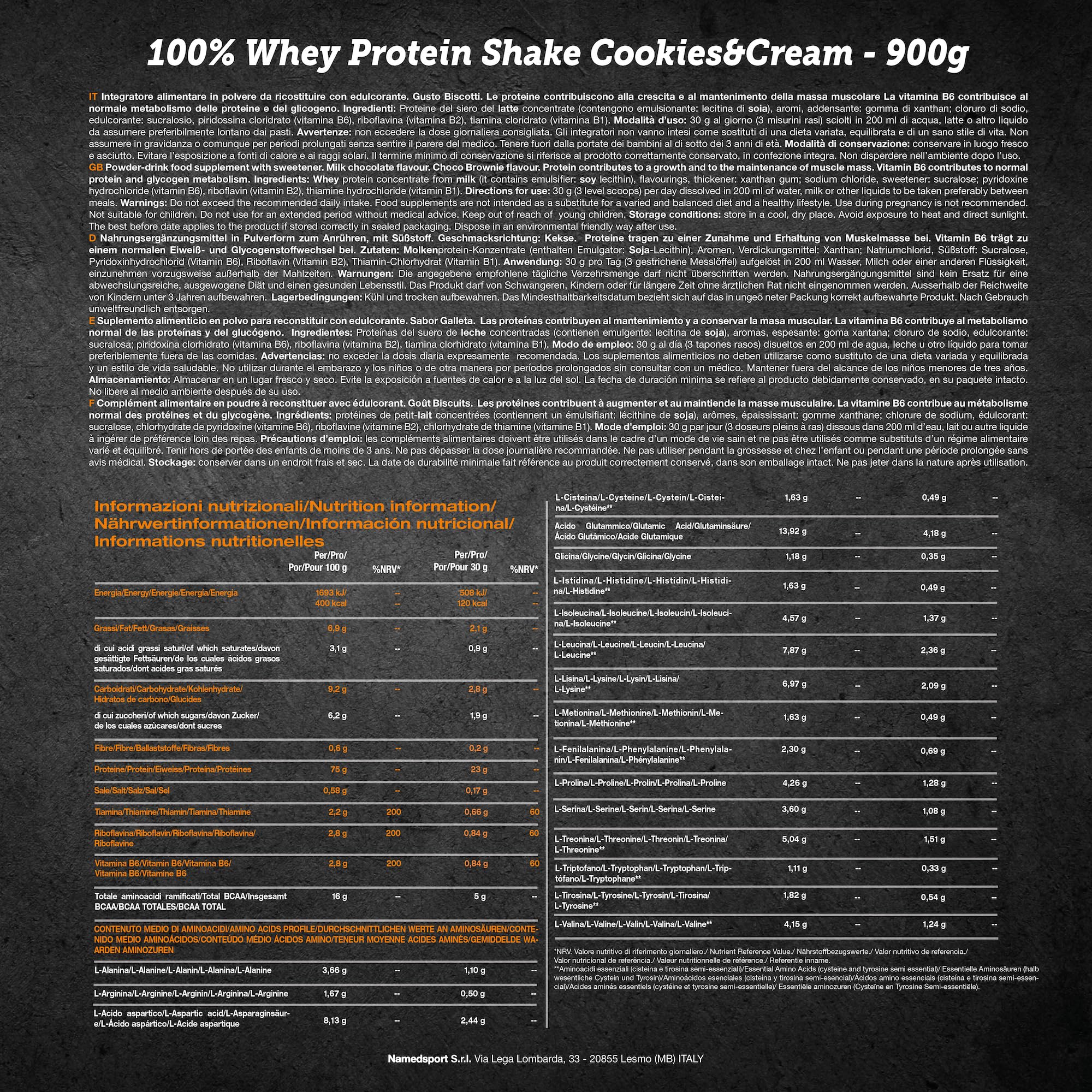 Named Sport 100% Whey Protein Shake, Biscotti e Crema - 900 Gr