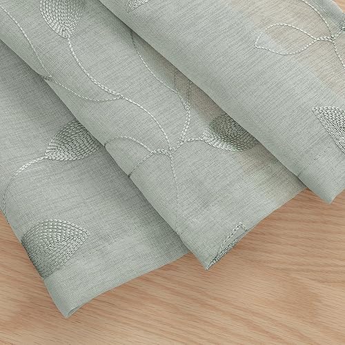 Miniatura 4 de HOMEIDEAS Cortinas transparentes de cocina verde salvia de 30 x 36 pulgadas de largo, 2 paneles bordados con patrón de hojas cortas para ventanas
