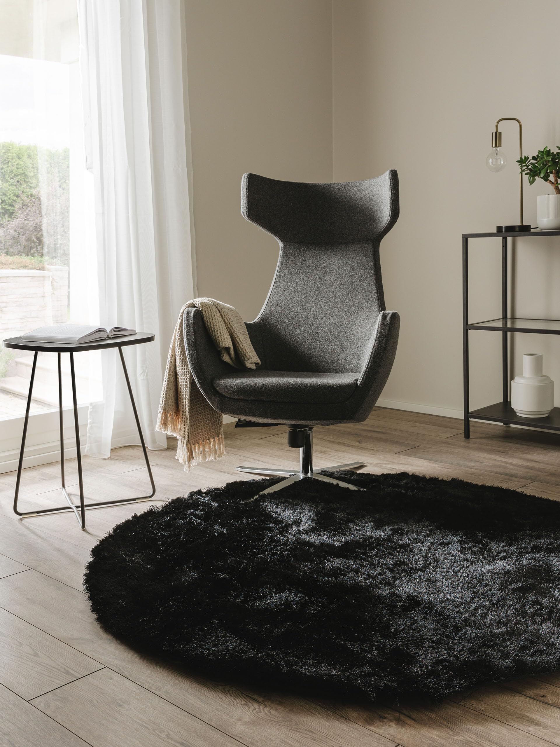 benuta Nest Whisper Deep Pile Rug, Black, Round, 80 cm, Cuddly Soft Rug for Bedroom and Living Room, Easy Care, Suitable for Underfloor Heating