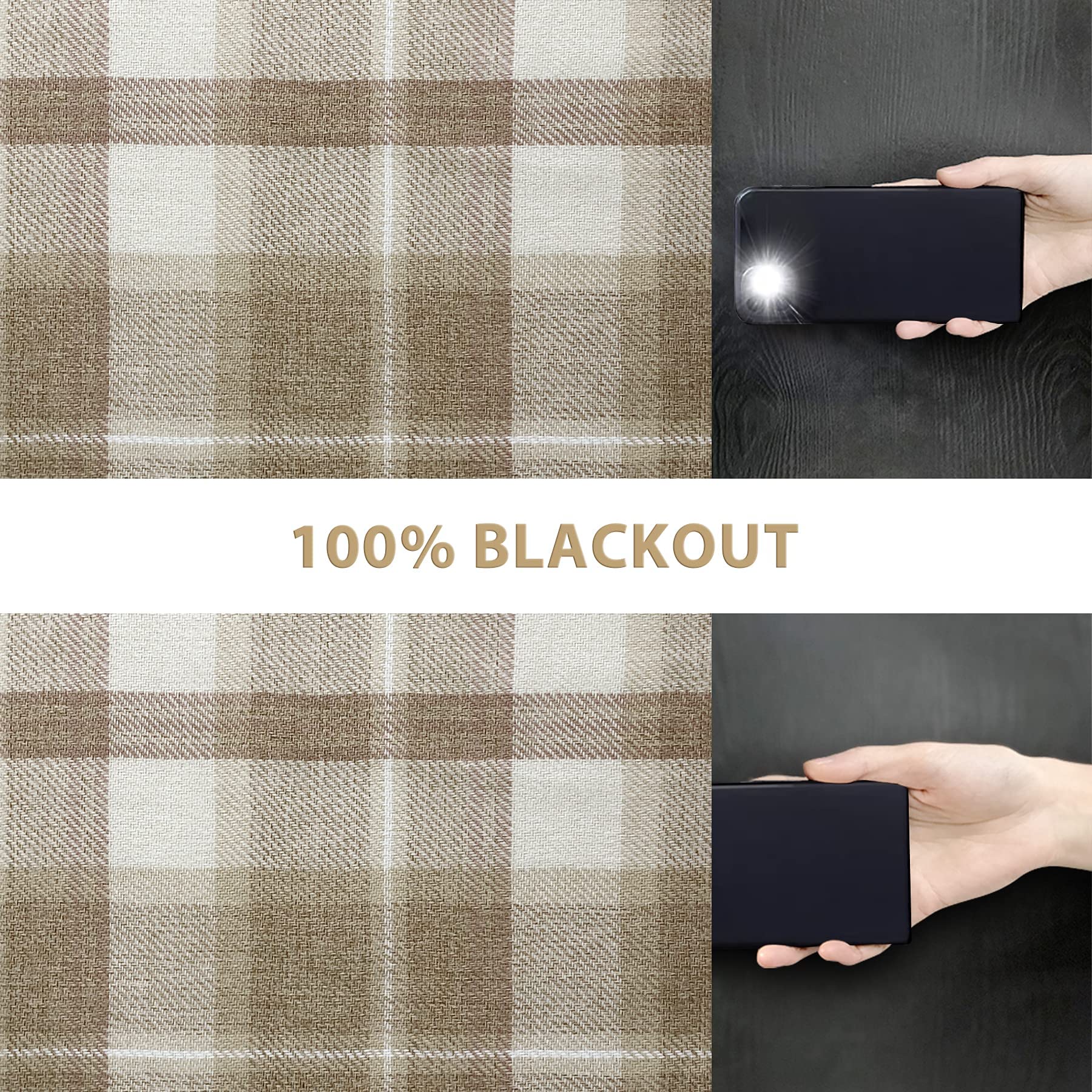 always4u Plaid Curtains for Bedroom Living Room 100% Blackout Thermal Energy Saving Woolen Look Grommet Curtains 84 Inch Length 2 Panels Beige - Image 4