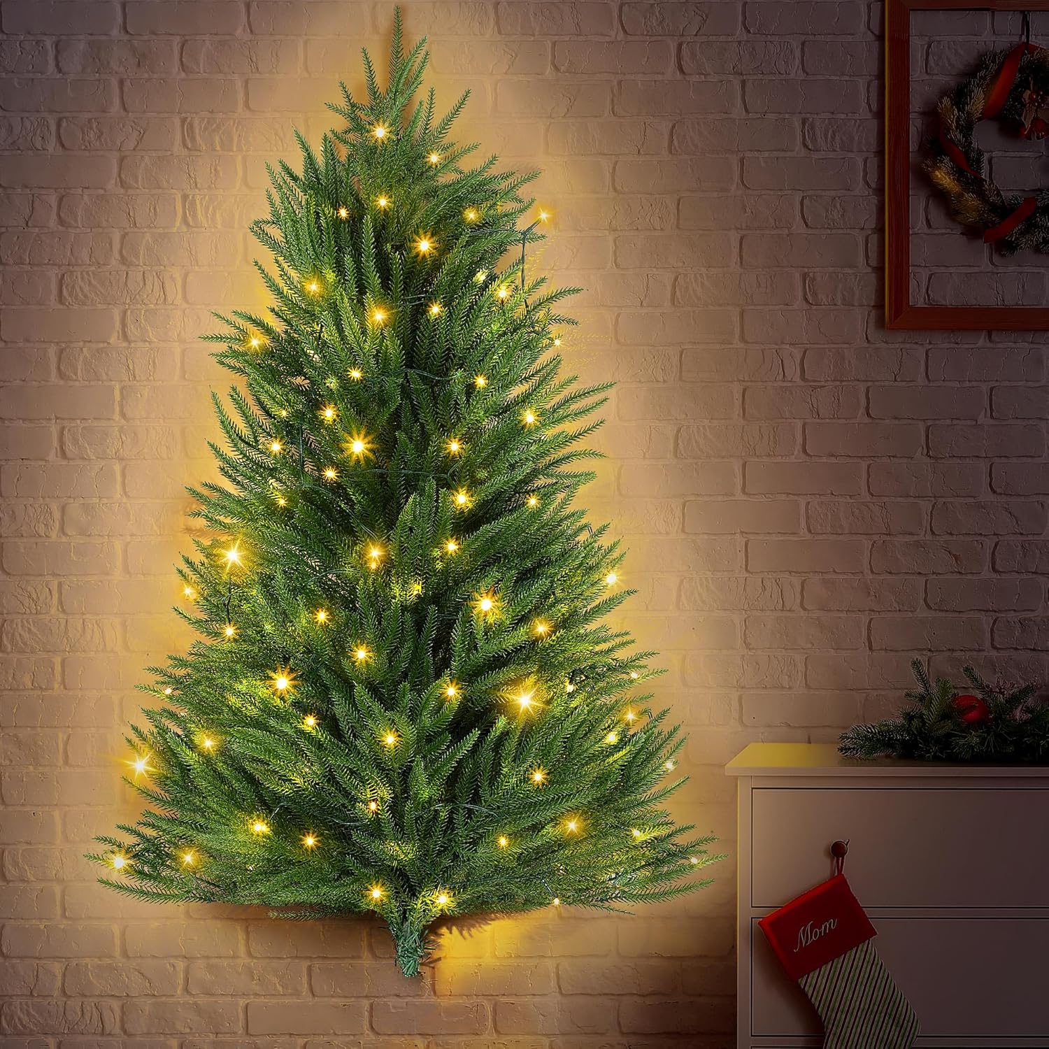 3FT Wall Hanging Christmas Tree with Led Lights, Pre lit Norfolk Pine Artificial Flat Wall Christmas Tree for Apartment, Cat Owners Xmas Decor