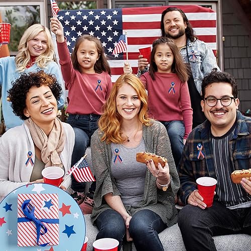 Miniatura 7 de 150 unidades de cinta de satén con la bandera estadounidense, alfileres de cinta patriótica, color rojo, blanco y azul a rayas con pasadores de