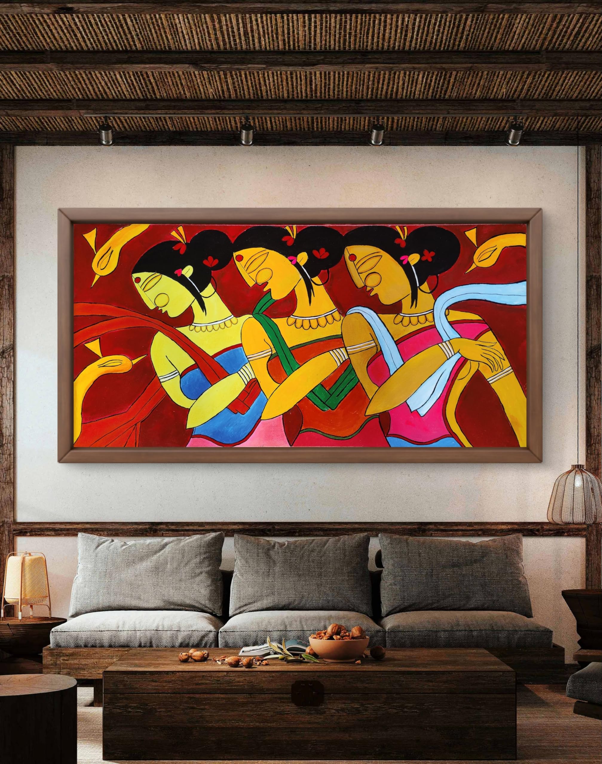 BHARAT ART BAZAAR | Handcrafted Indian Folk Art Painting - Graceful Women with Peacocks in Vibrant Colors | Unique Home Decor Wall Art | Streched Canvas on wooden base | 36'' x 18''