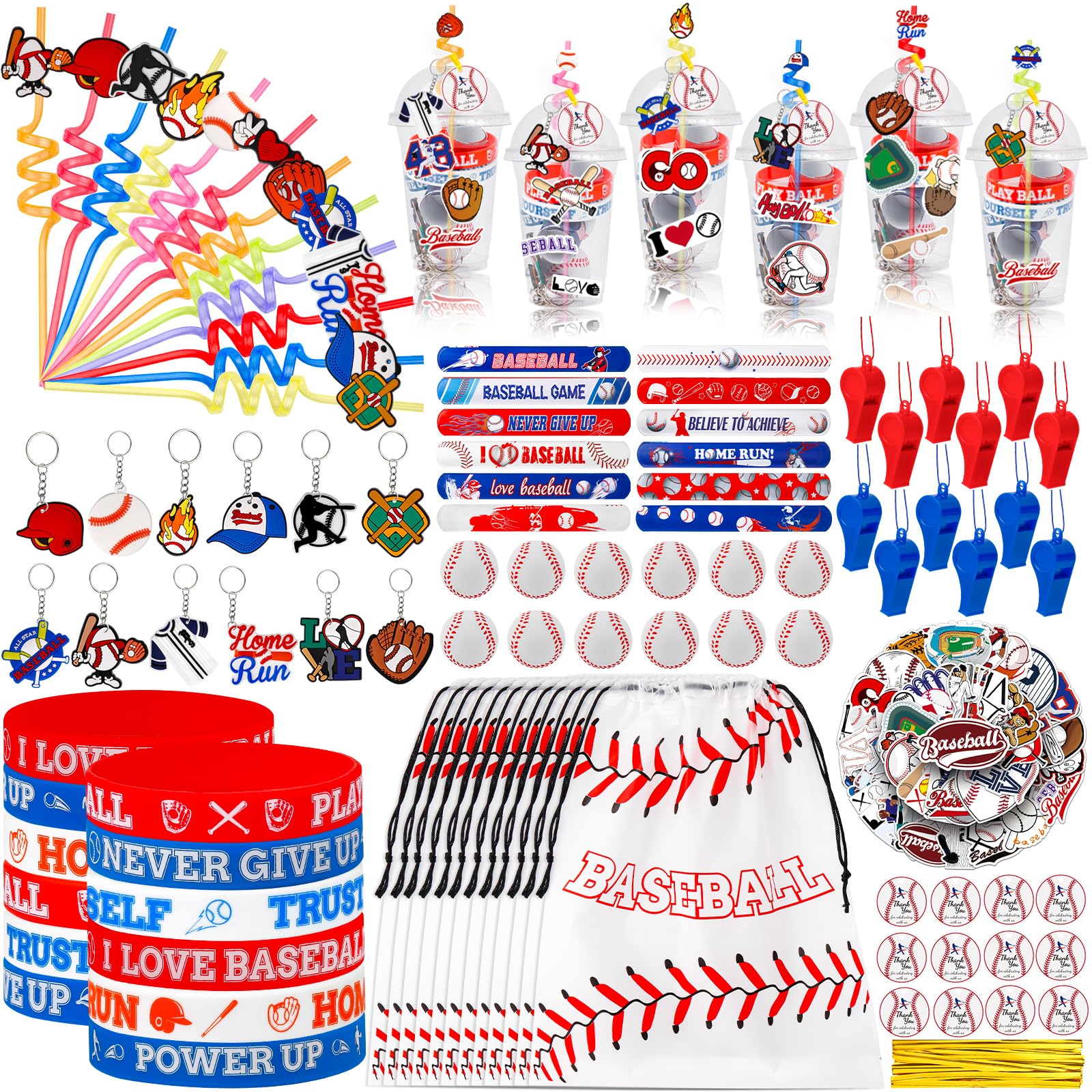 170 Pcs Baseball Party Favors Party Supplies Contains Baseball Goodie Bags Cups Straw Stickers Foam Baseballs Bracelets Keychains Thank You Tags -