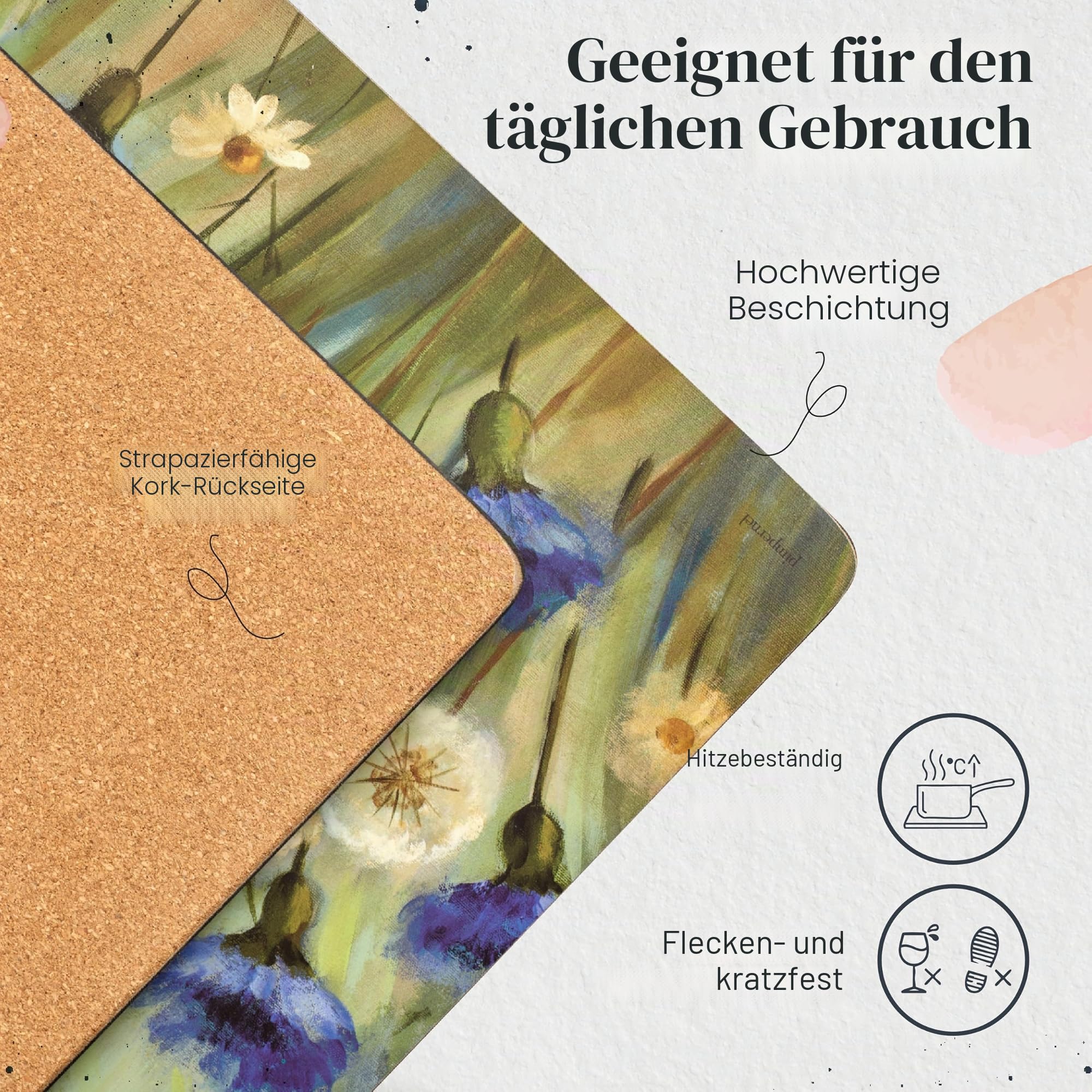Pimpernel Fleur des Champs Collection Tischsets | 4er-Set | hitzebeständige Matten | Korkunterlage | hartes Tischset für Esstisch | Maße: 39,9 x 29,7 cm Mehrfarbig