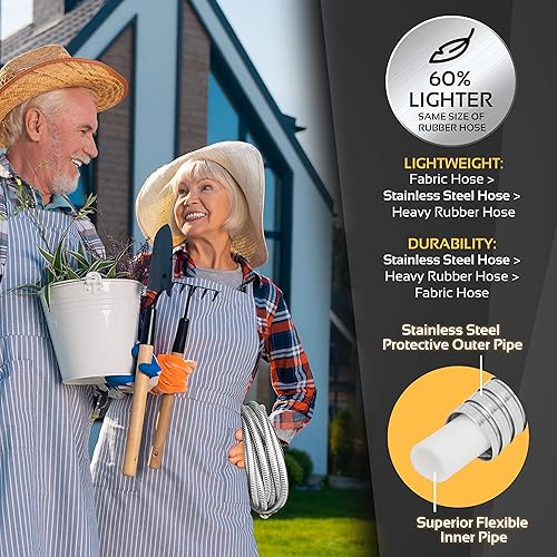 Miniatura 3 de Manguera de jardín de metal  Manguera de agua de acero inoxidable resistente de 25 pies con pulverizador de 8 funciones y accesorios de metal,