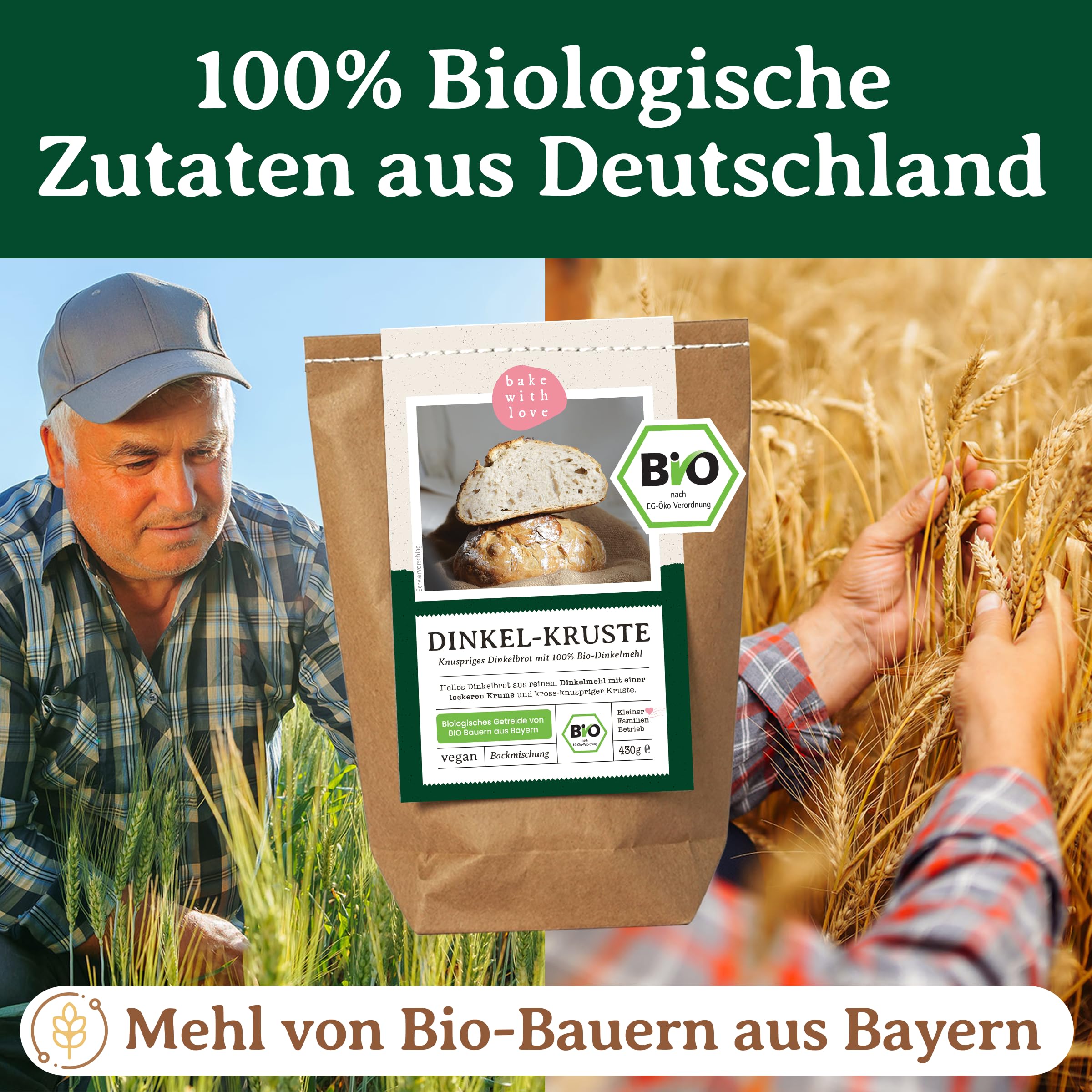 Bake with Love Bio Dinkel Brotbackmischung Dinkel-Kruste - 100% Dinkelmehl ohne Weizen - Brot backen mit Sauerteig - ohne Zusatzstoffe - für Brotbackautomat & Ofen - 1er Pack