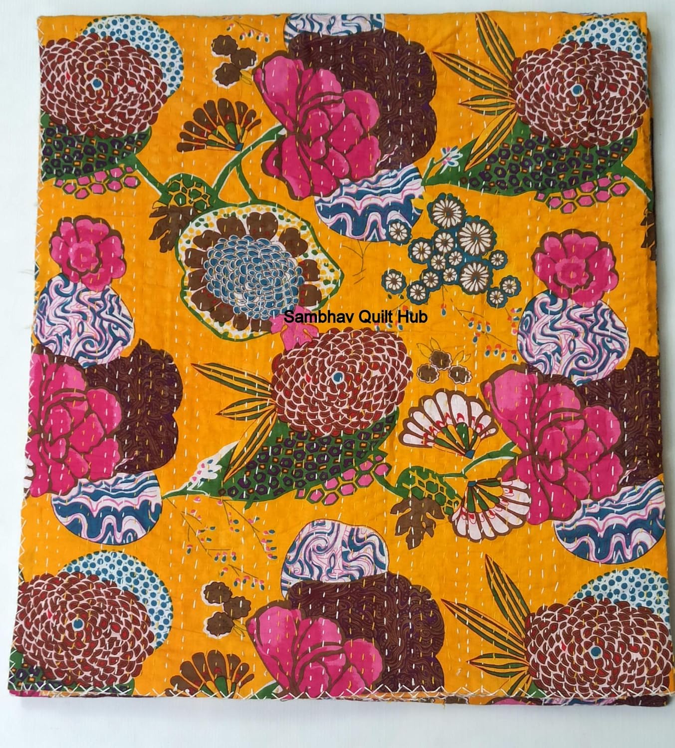 Queen/Twin/King Indian Yellow Fruit Reversible Bedspread Pattern Gudri Pure Cotton Kantha Style Quilt Floral Fruit Print Decorative Kantha Stitch Quilt (60X90 inch)