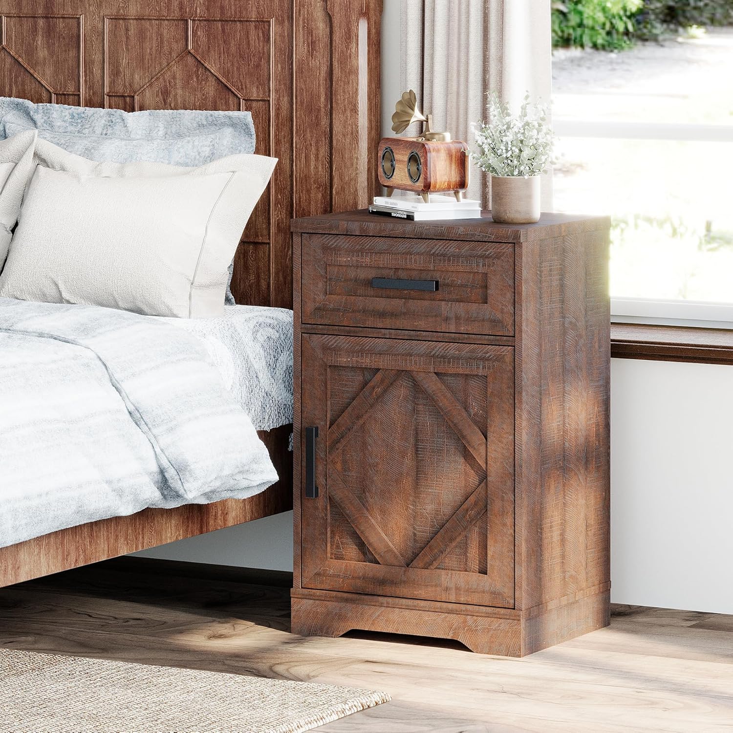 WAMPAT 31.9 inch Tall Farmhouse Nightstand with Drawers and Adjustable Storage Shelves, Solid Wood Side Table with Barn Doors for Bedroom, Rustic Brown