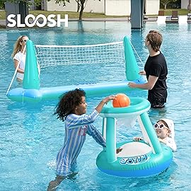 JOYIN Inflatable Pool Float Set Volleyball Net & Basketball Hoops, Floating Swimming Game Toy for Kids and Adults, Summer Floaties, Volleyball Court (105x28x35)|Basketball (27x23x27),L-Blue